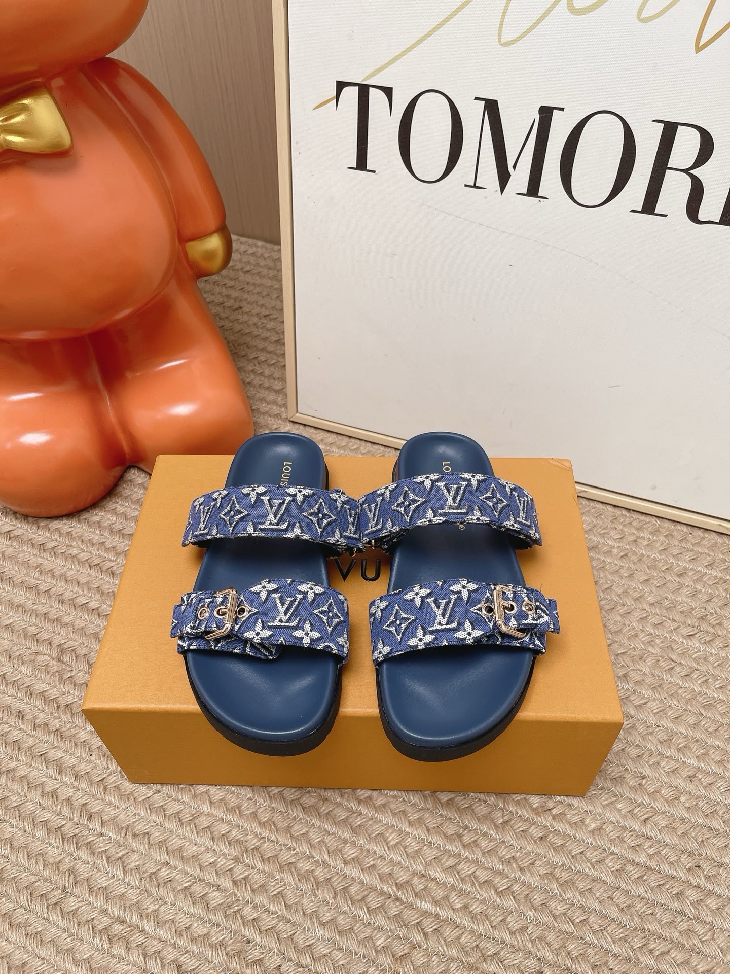 LV Brown Leather Cutout Logo Slide Sandals