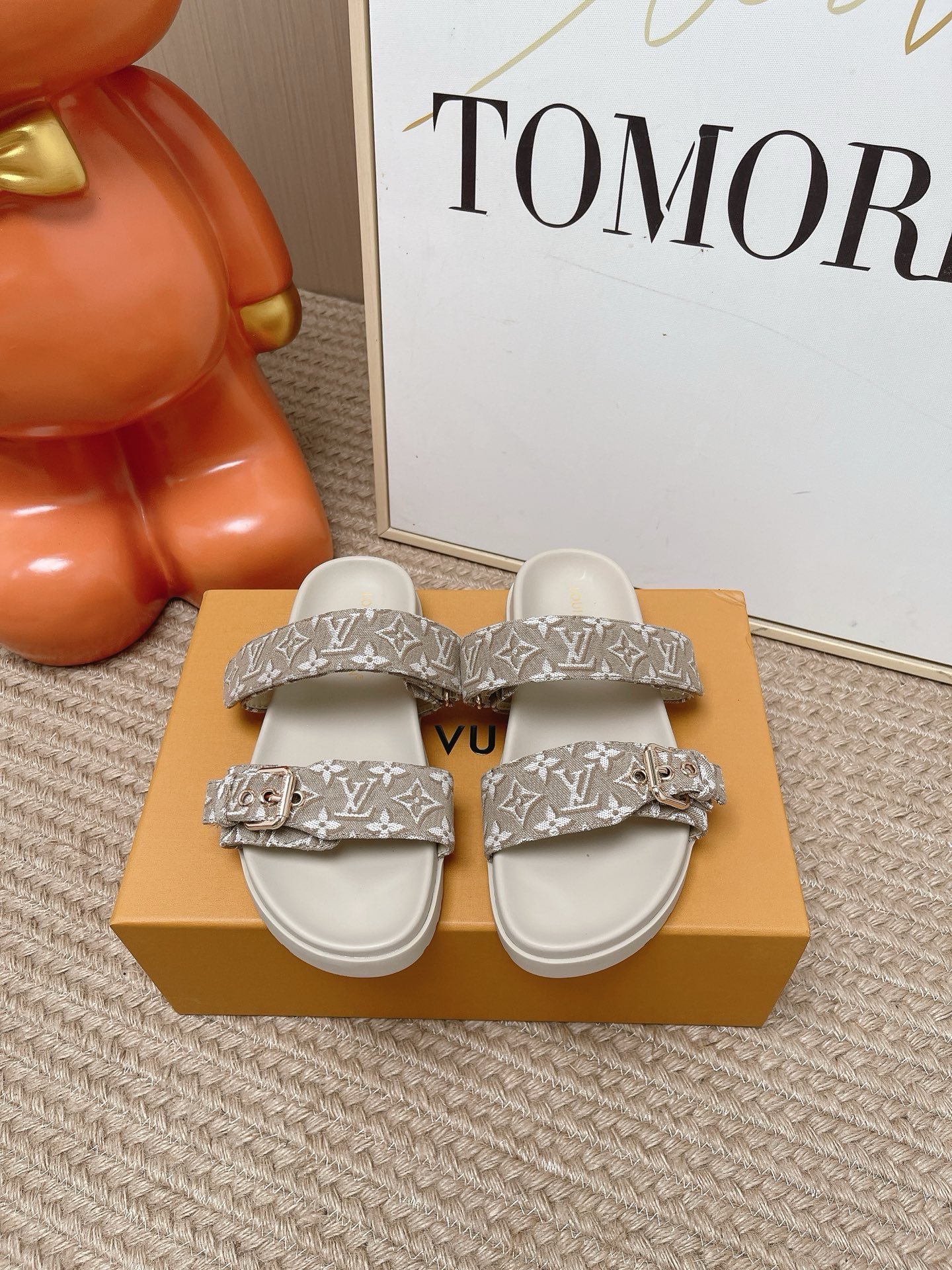 LV Brown Leather Cutout Logo Slide Sandals