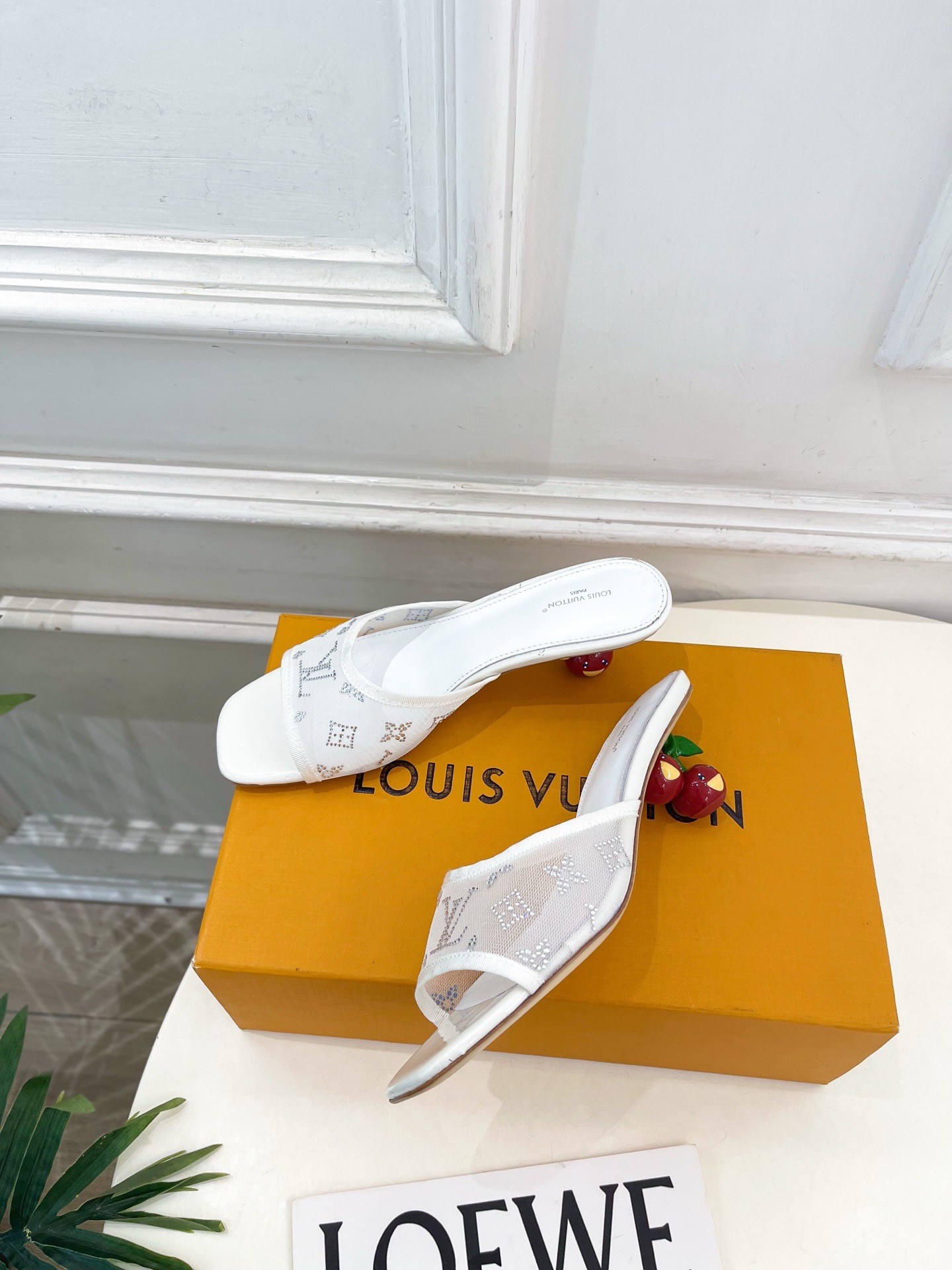 Beige Mesh LV Rhinestone Cherry Heel Mule Sandals