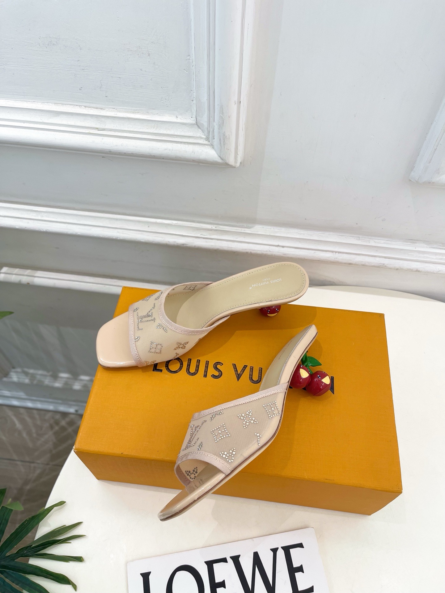 Beige Mesh LV Rhinestone Cherry Heel Mule Sandals