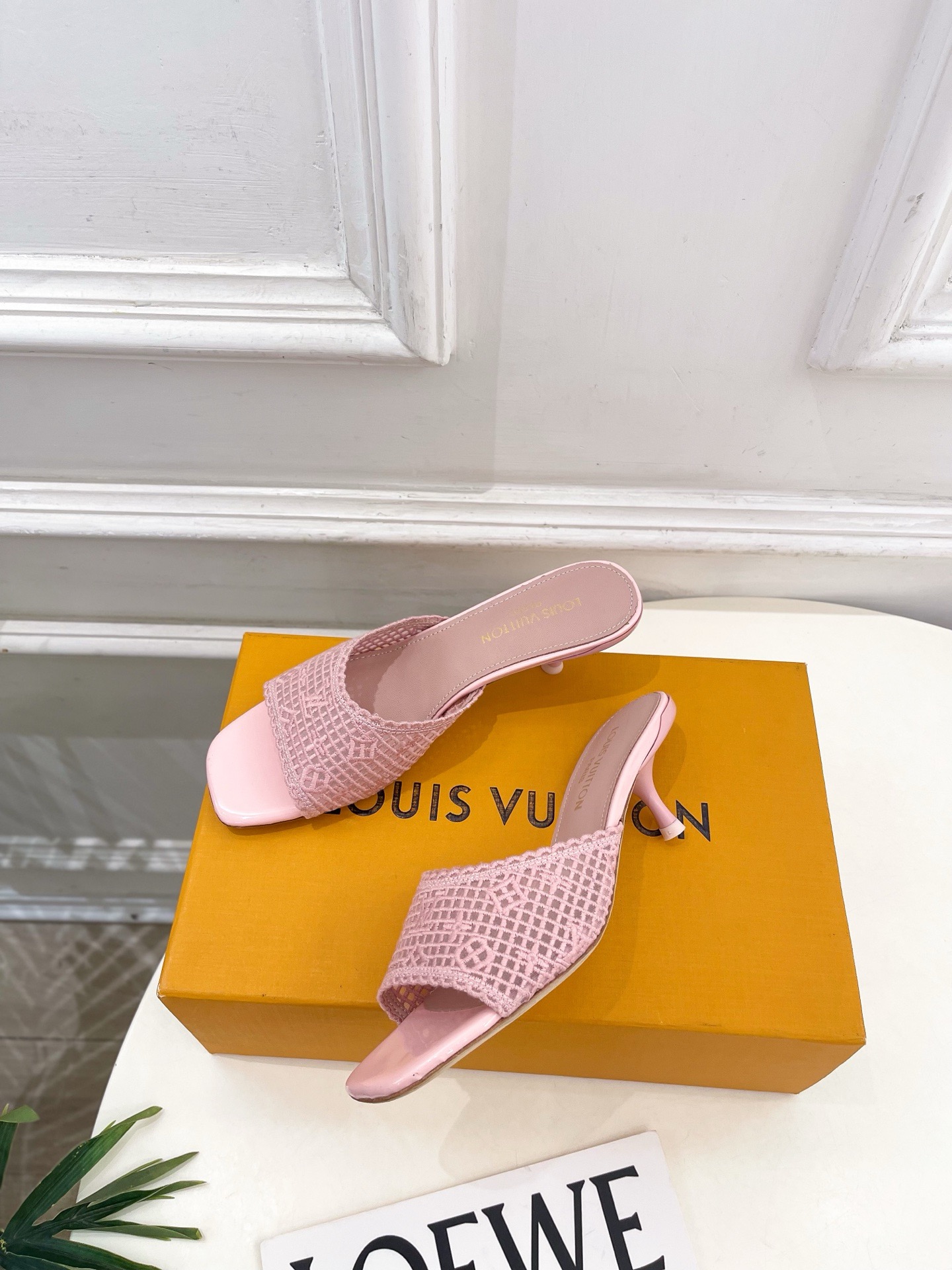 LV Pink Lace Monogram Kitten Heel Slide Mules