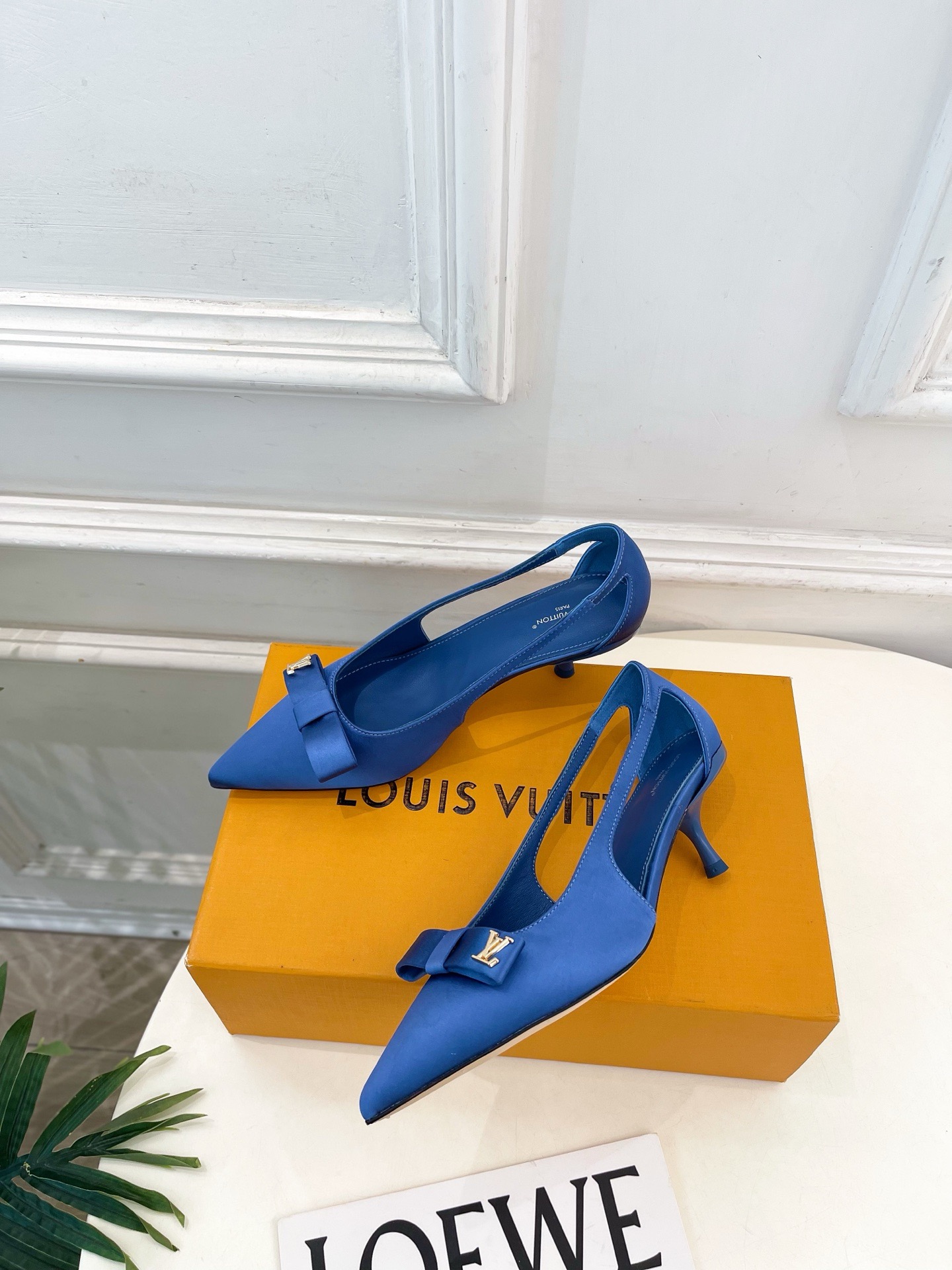 LV Satin Bow Logo Pointed Toe Slingback Heels