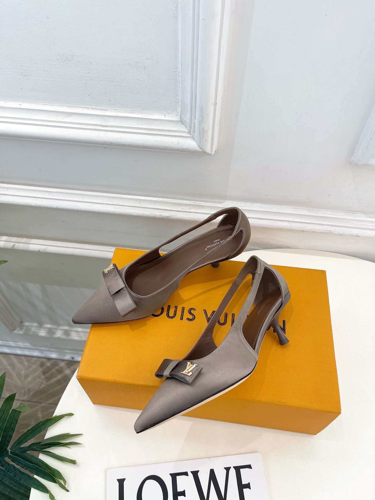 LV Satin Bow Logo Pointed Toe Slingback Heels