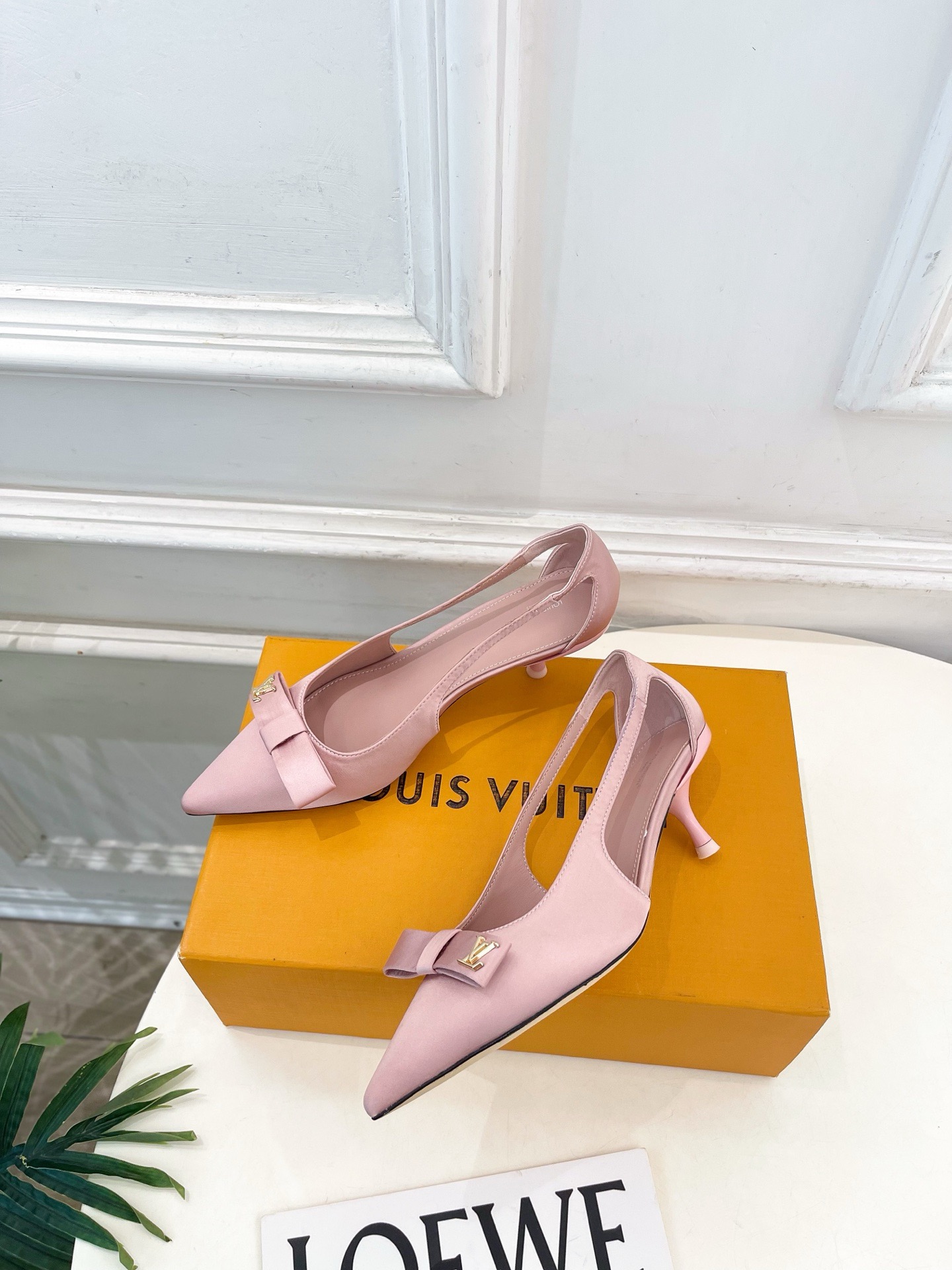 LV Satin Bow Logo Pointed Toe Slingback Heels