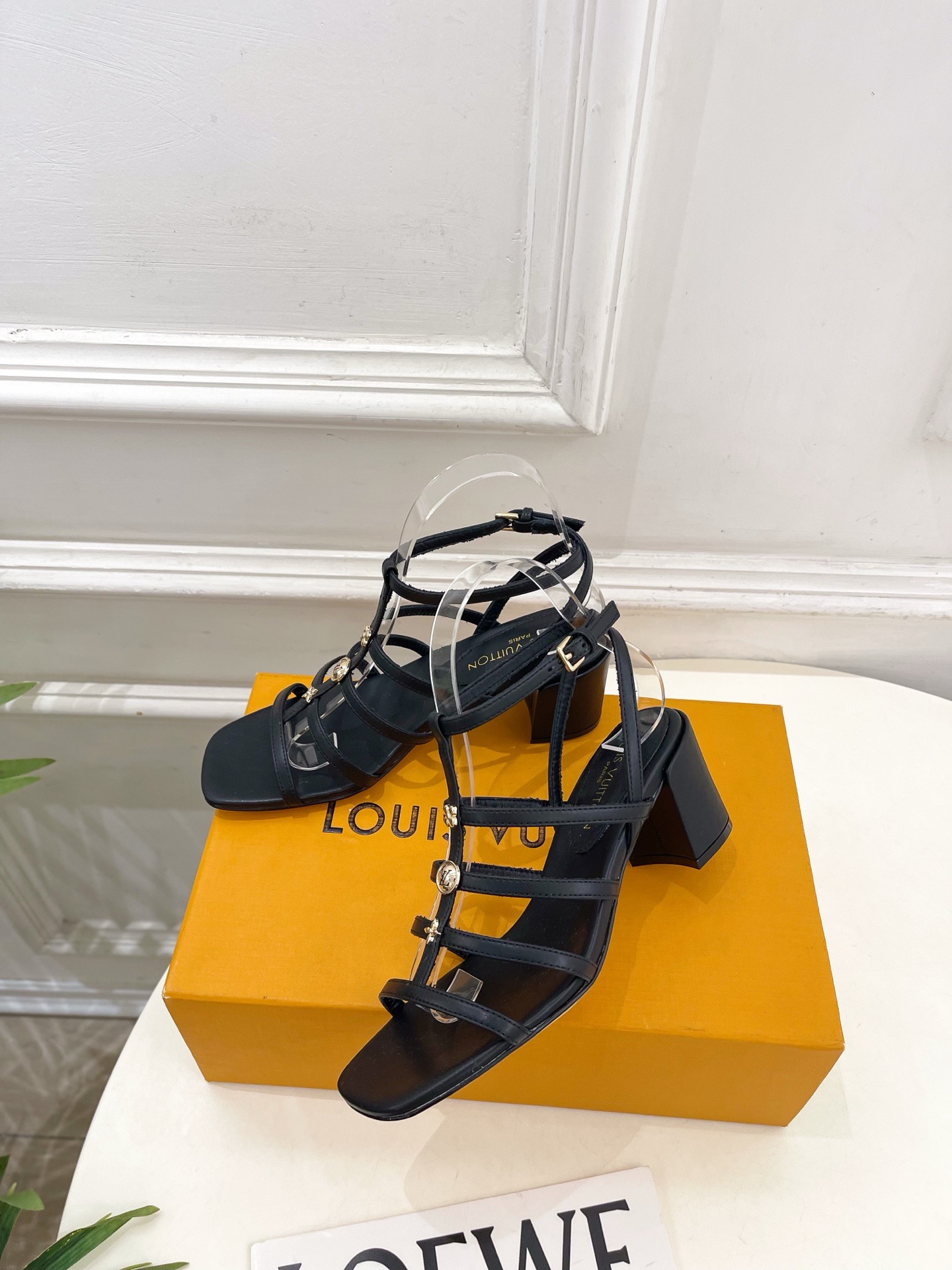 LV  Multi-Strap Metal Logo Block Heel Sandals