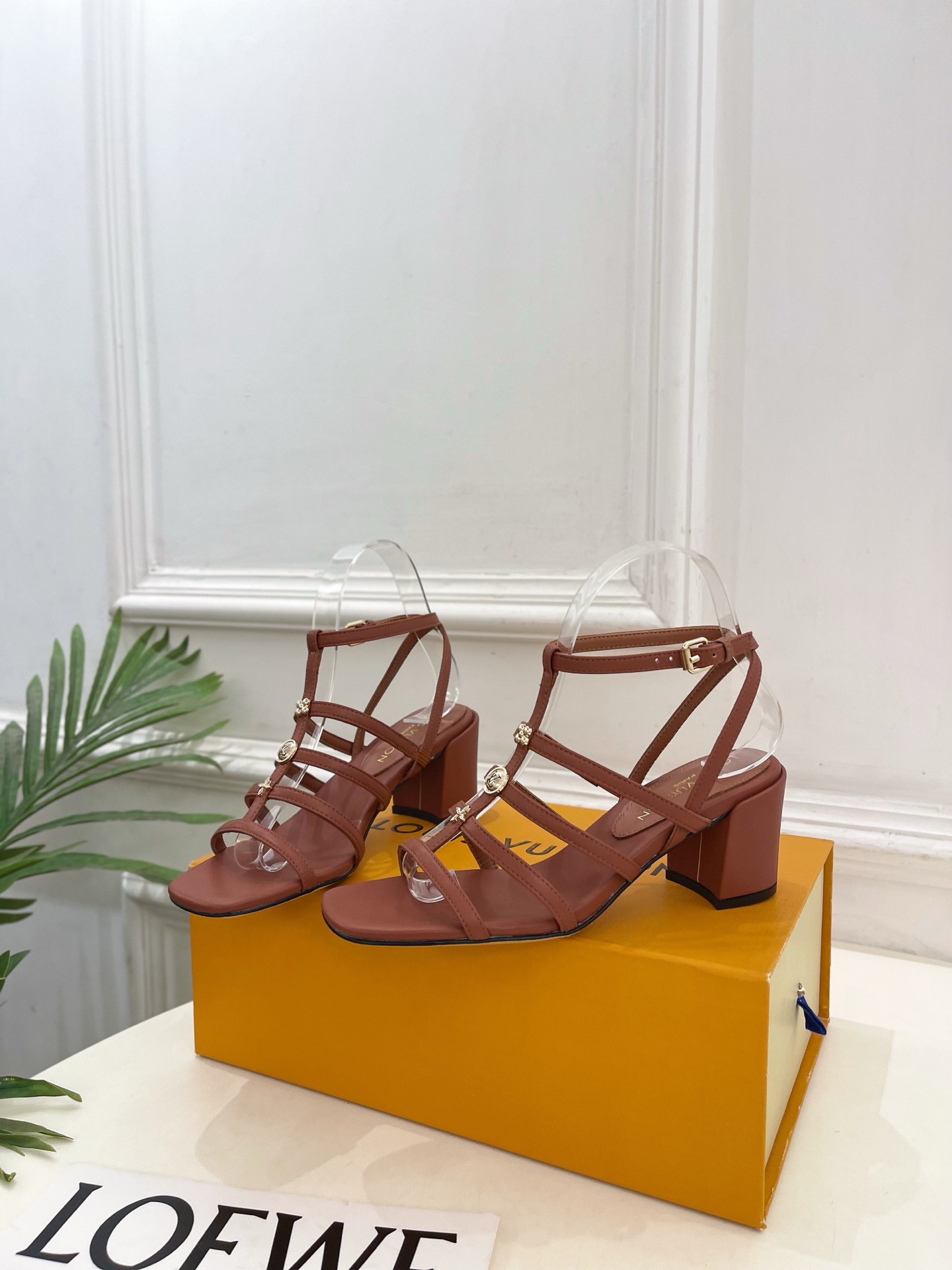 LV  Multi-Strap Metal Logo Block Heel Sandals