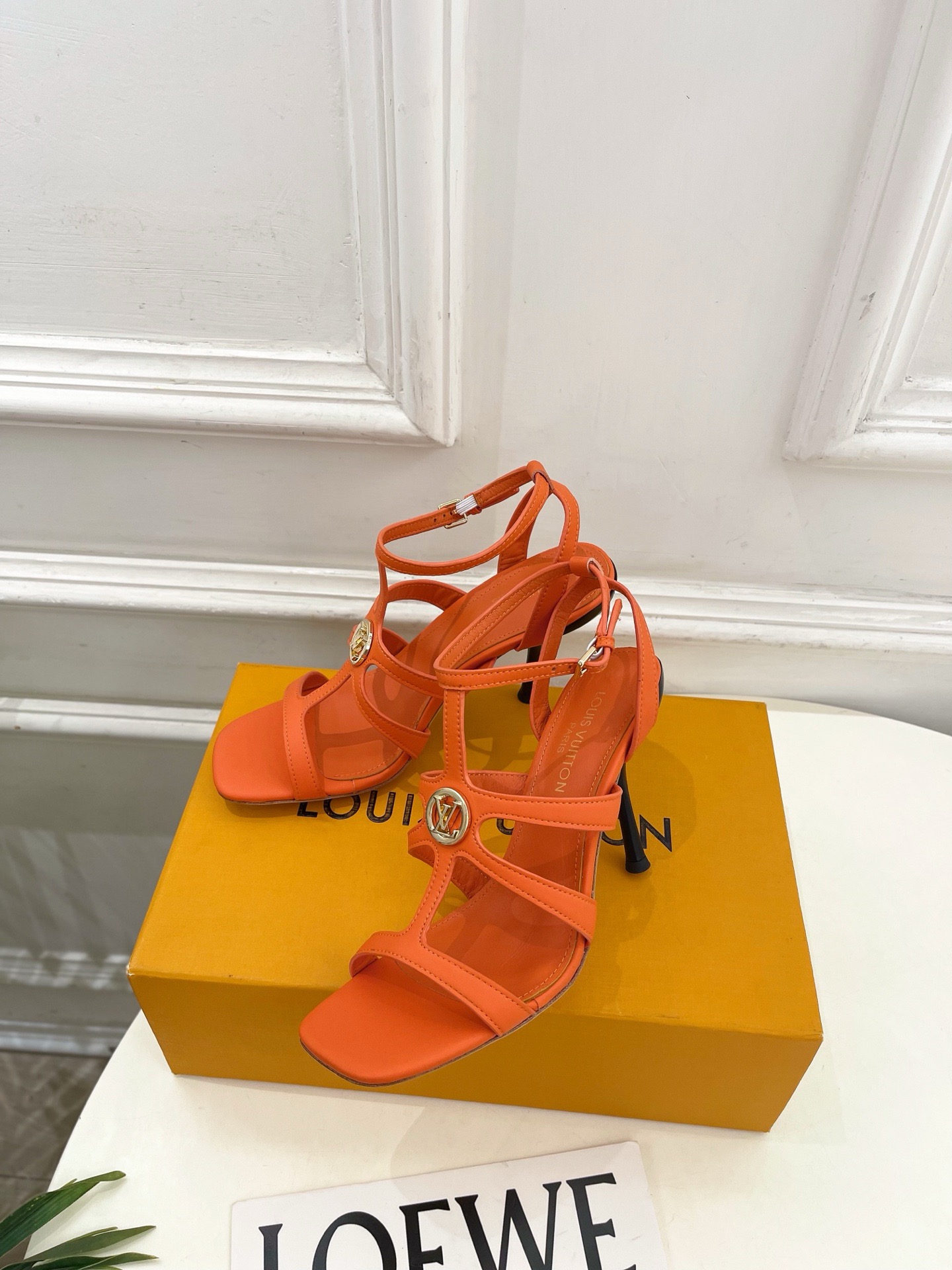 LV Cutout Metal Logo Ankle Strap Stiletto Sandals