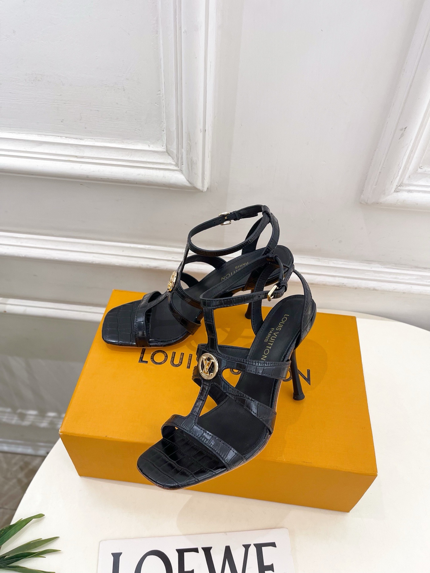 LV Cutout Metal Logo Ankle Strap Stiletto Sandals
