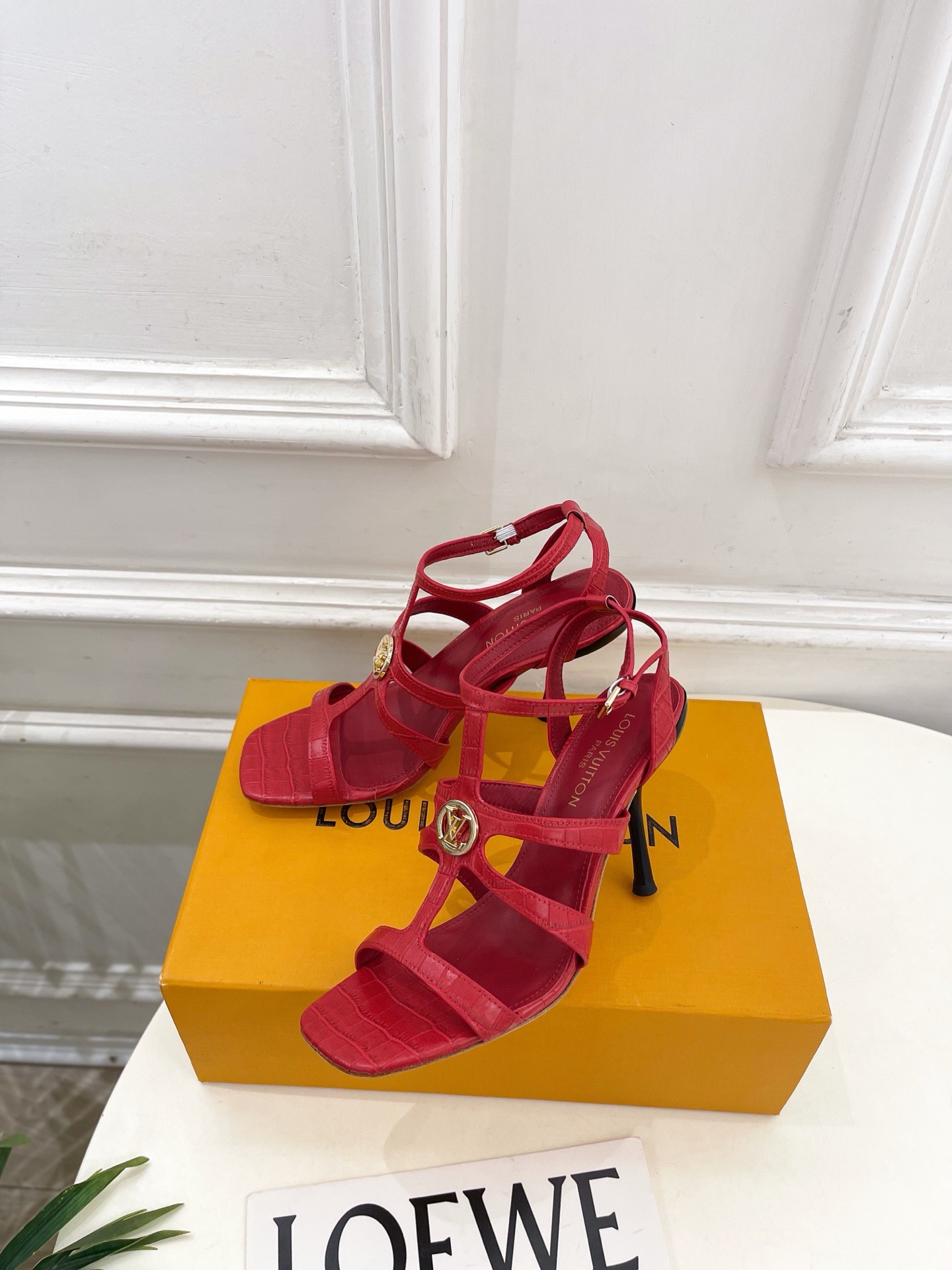 LV Cutout Metal Logo Ankle Strap Stiletto Sandals