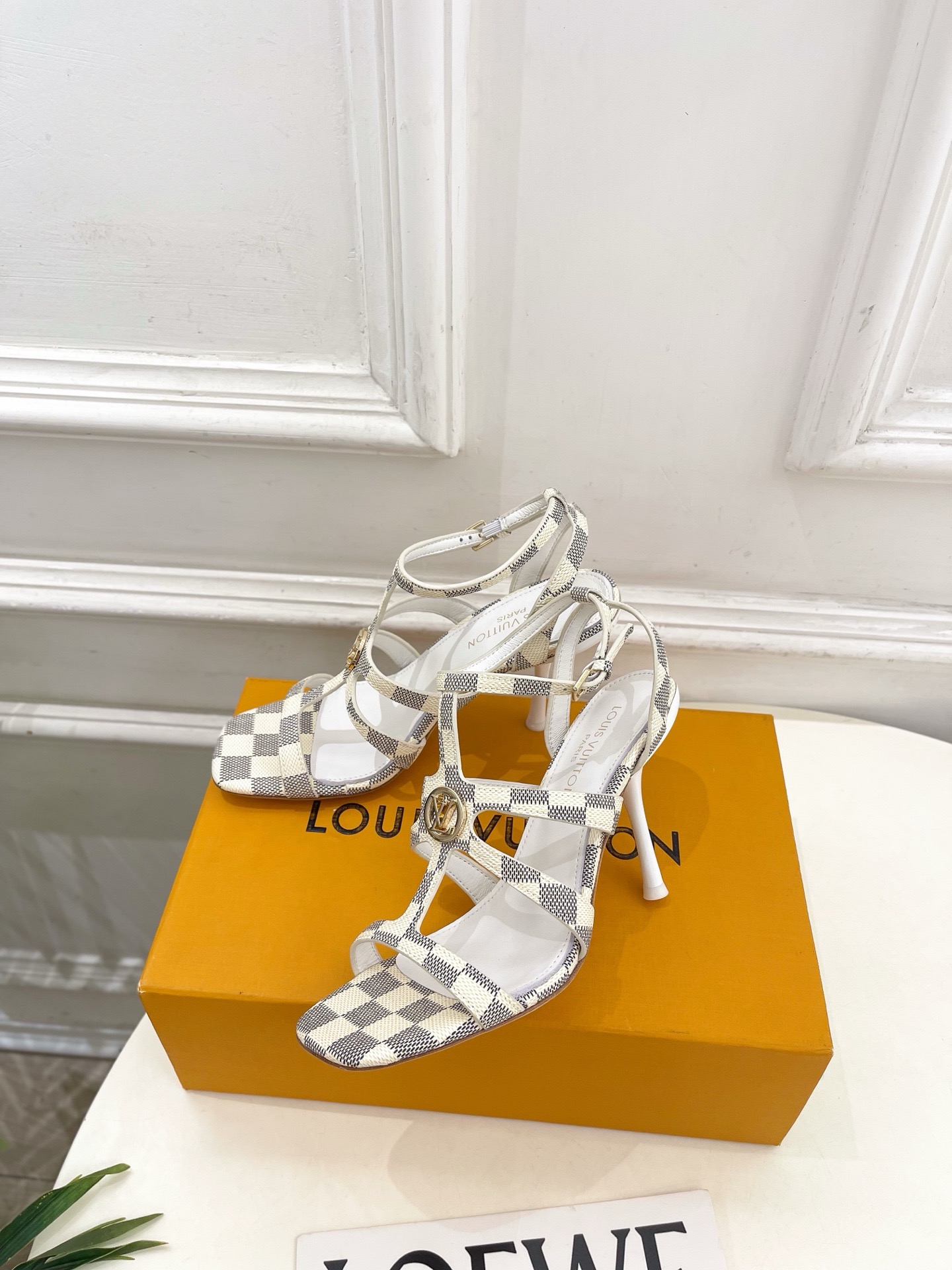 LV Cutout Metal Logo Ankle Strap Stiletto Sandals