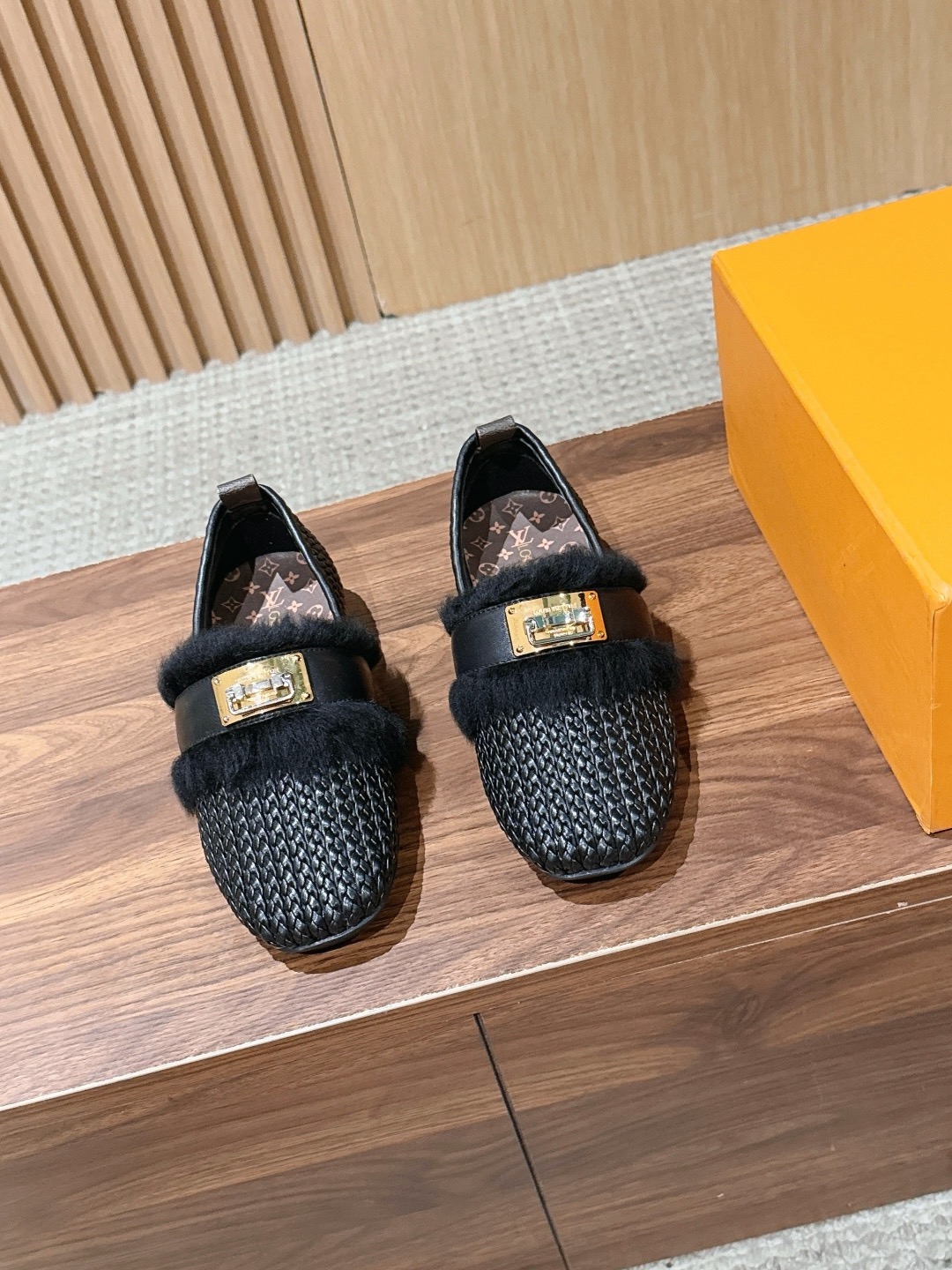 LV Beige Woven Fur Trim Lock Buckle Flat Loafers