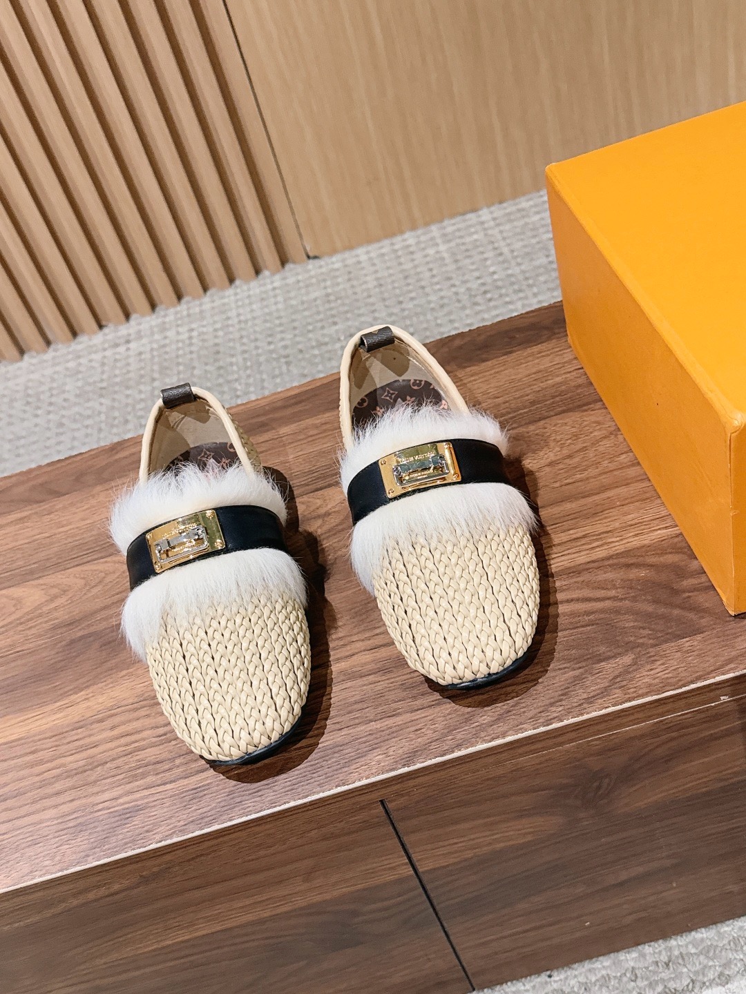 LV Beige Woven Fur Trim Lock Buckle Flat Loafers
