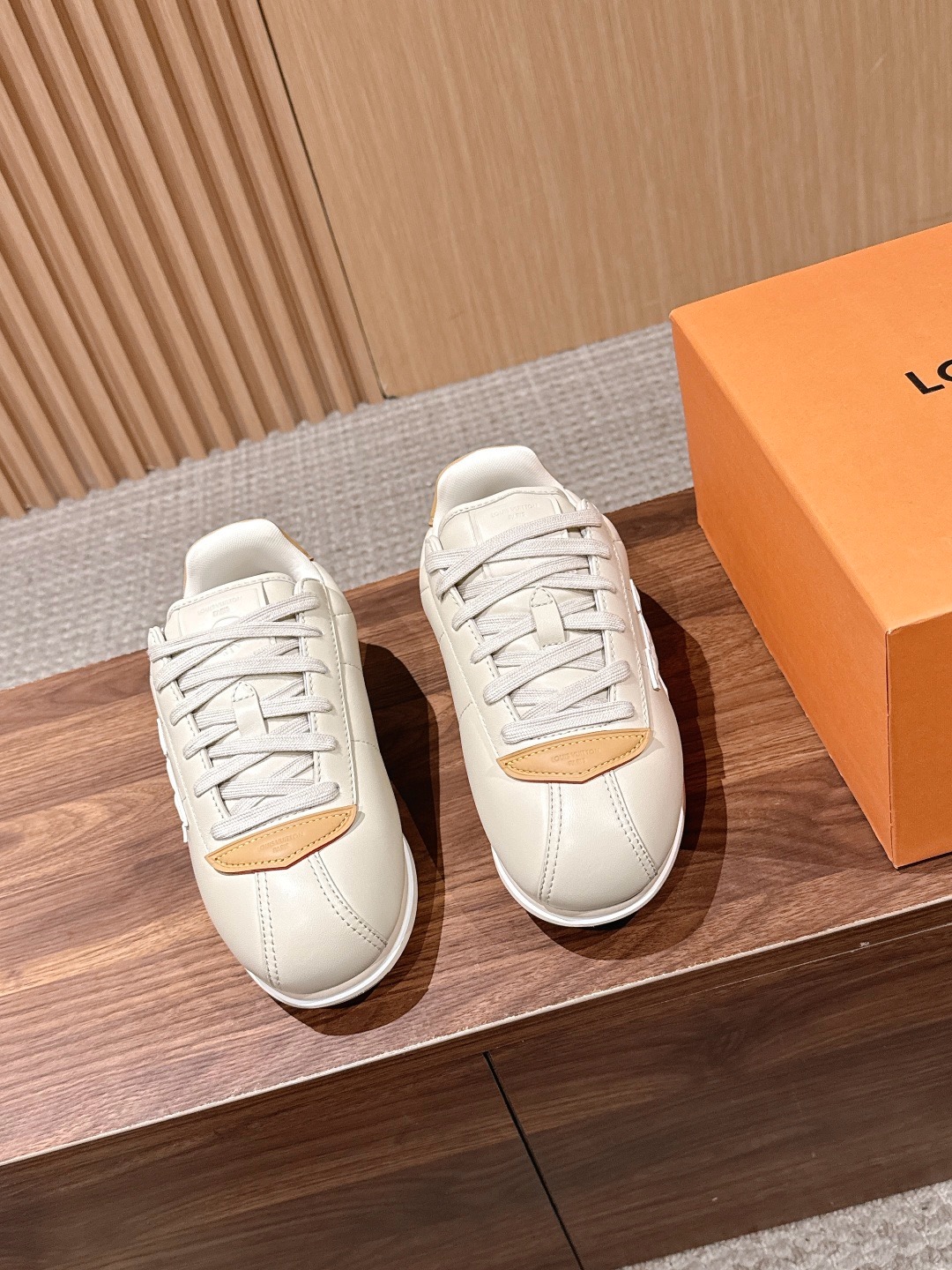 LV Off White Leather Toe Patch Lace-Up Sneakers