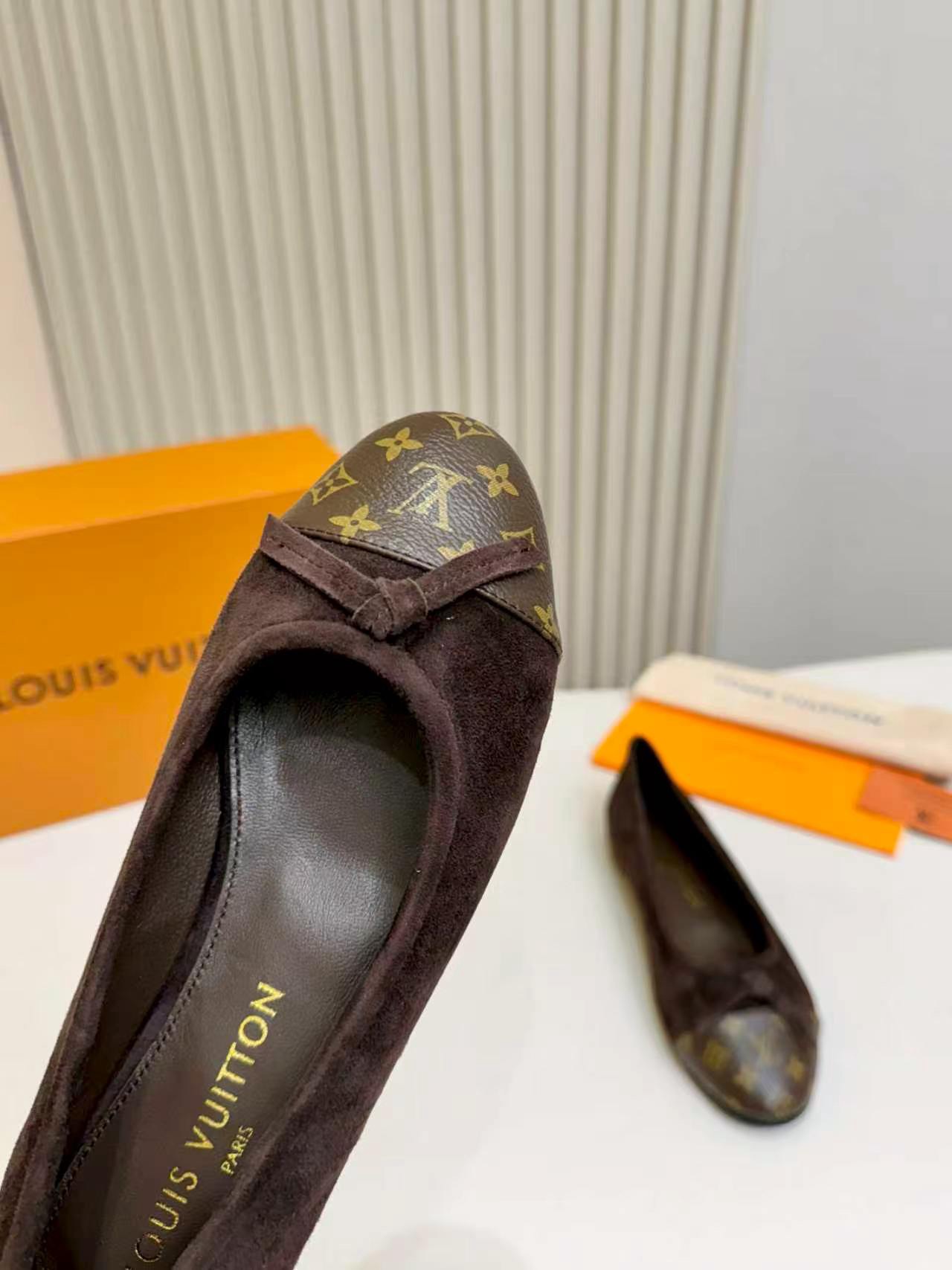 LV Suede Monogram Toe Cap Bow Ballet Flats
