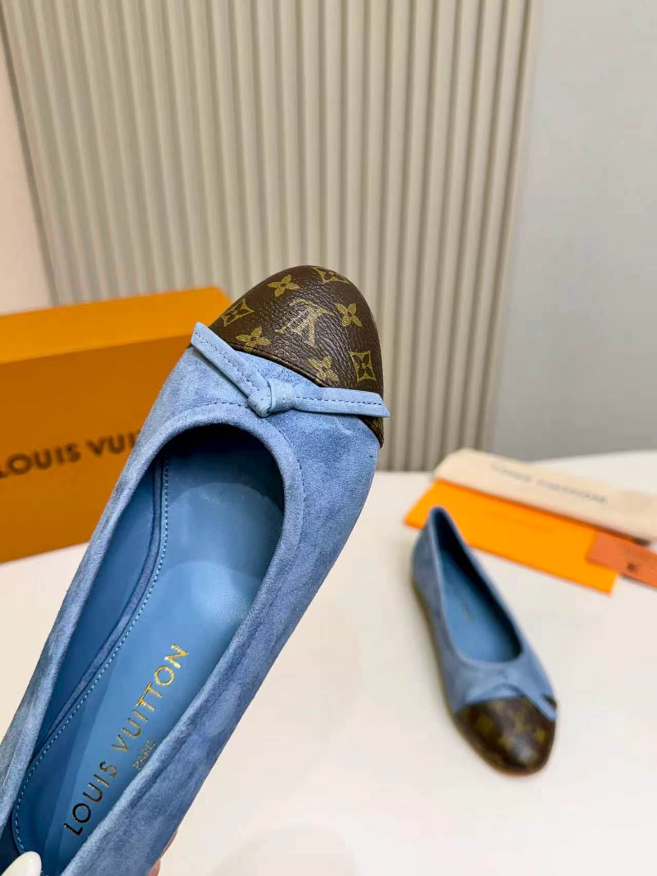 LV Suede Monogram Toe Cap Bow Ballet Flats