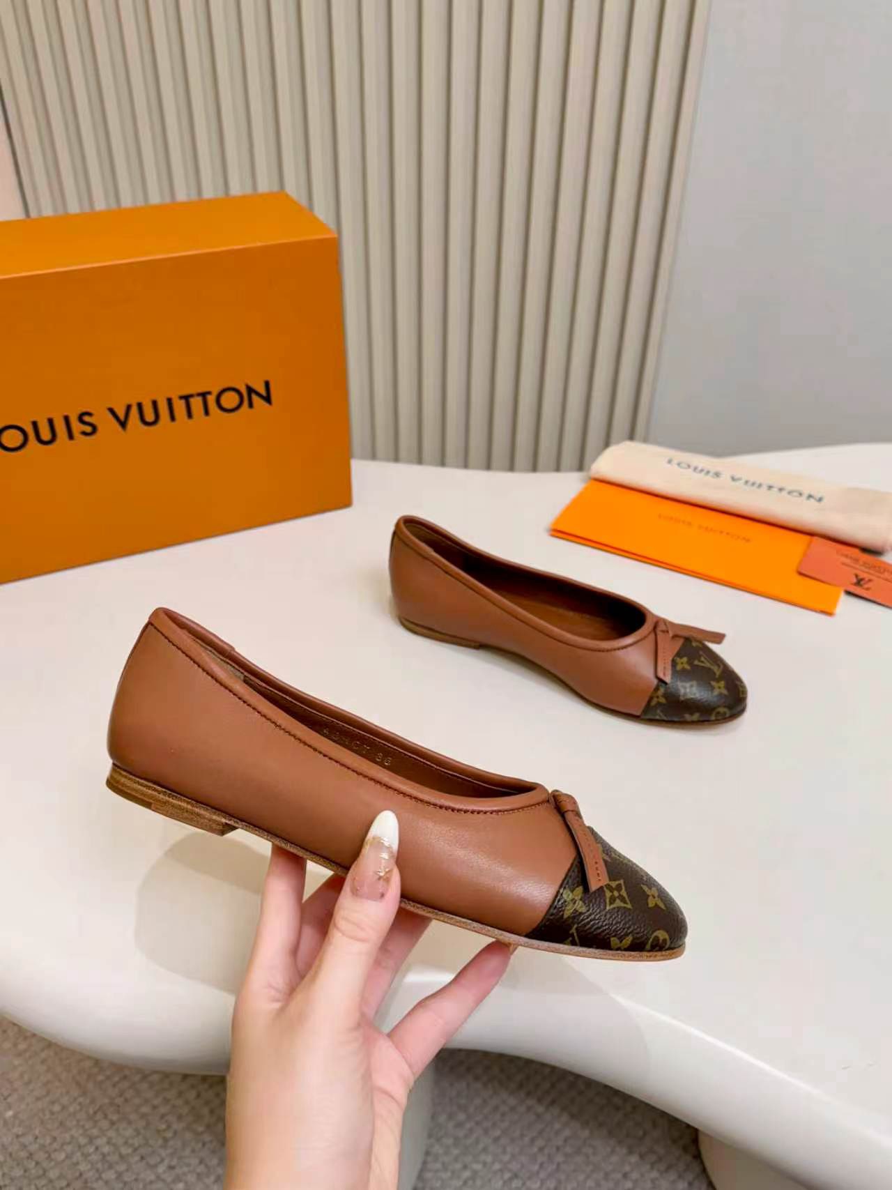 LV Suede Monogram Toe Cap Bow Ballet Flats