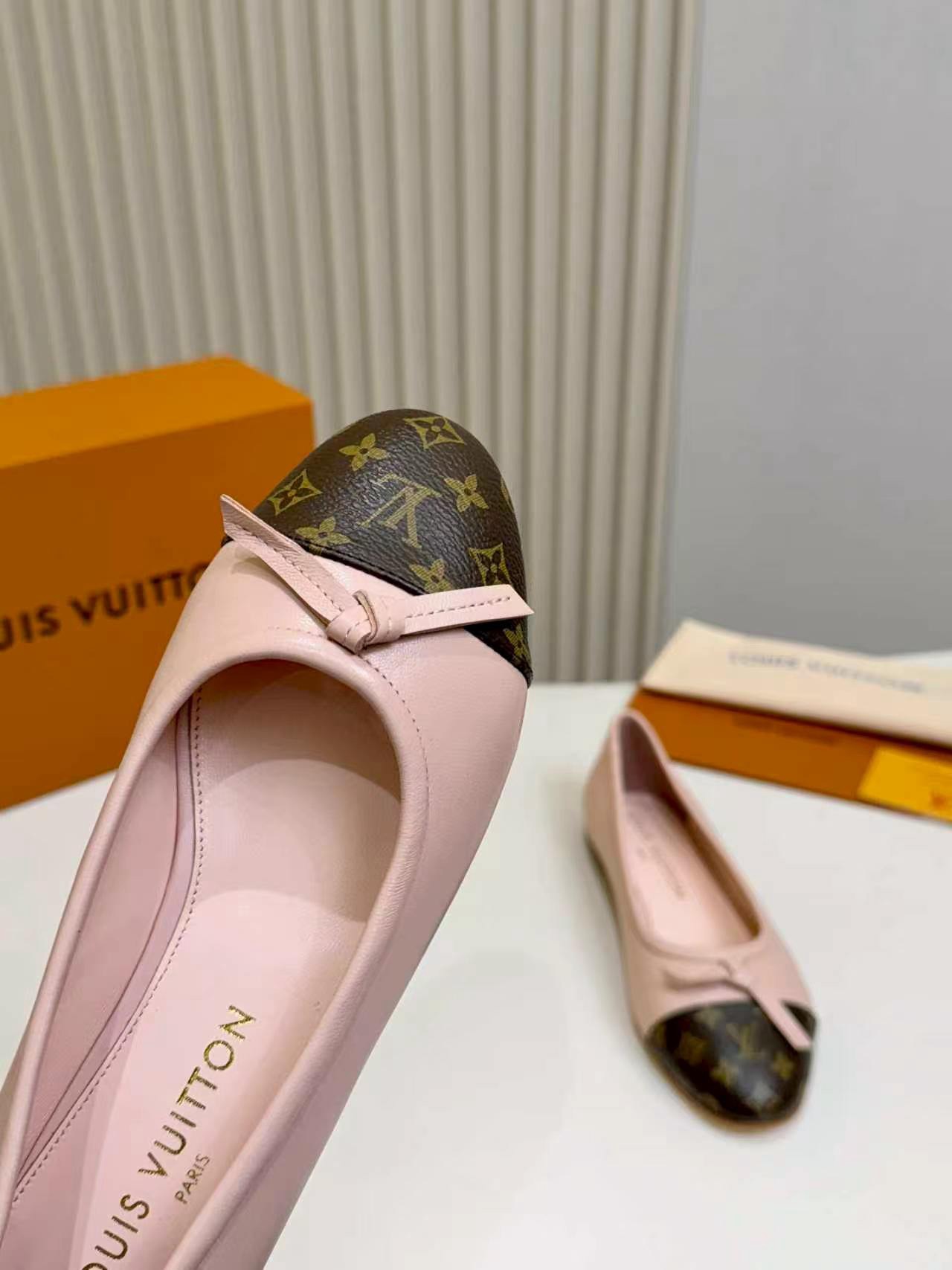 LV Suede Monogram Toe Cap Bow Ballet Flats