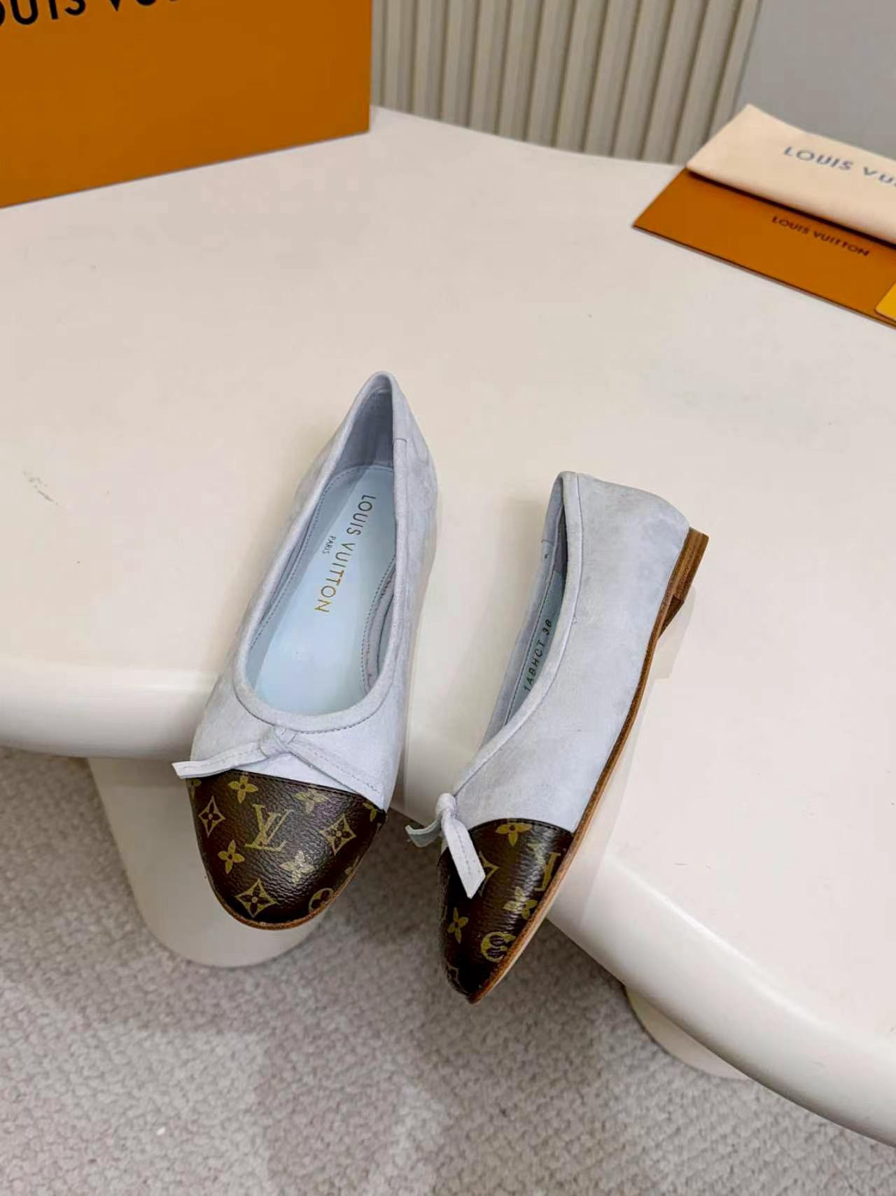 LV Suede Monogram Toe Cap Bow Ballet Flats