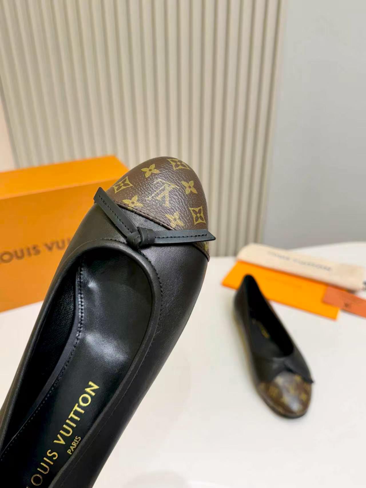 LV Suede Monogram Toe Cap Bow Ballet Flats