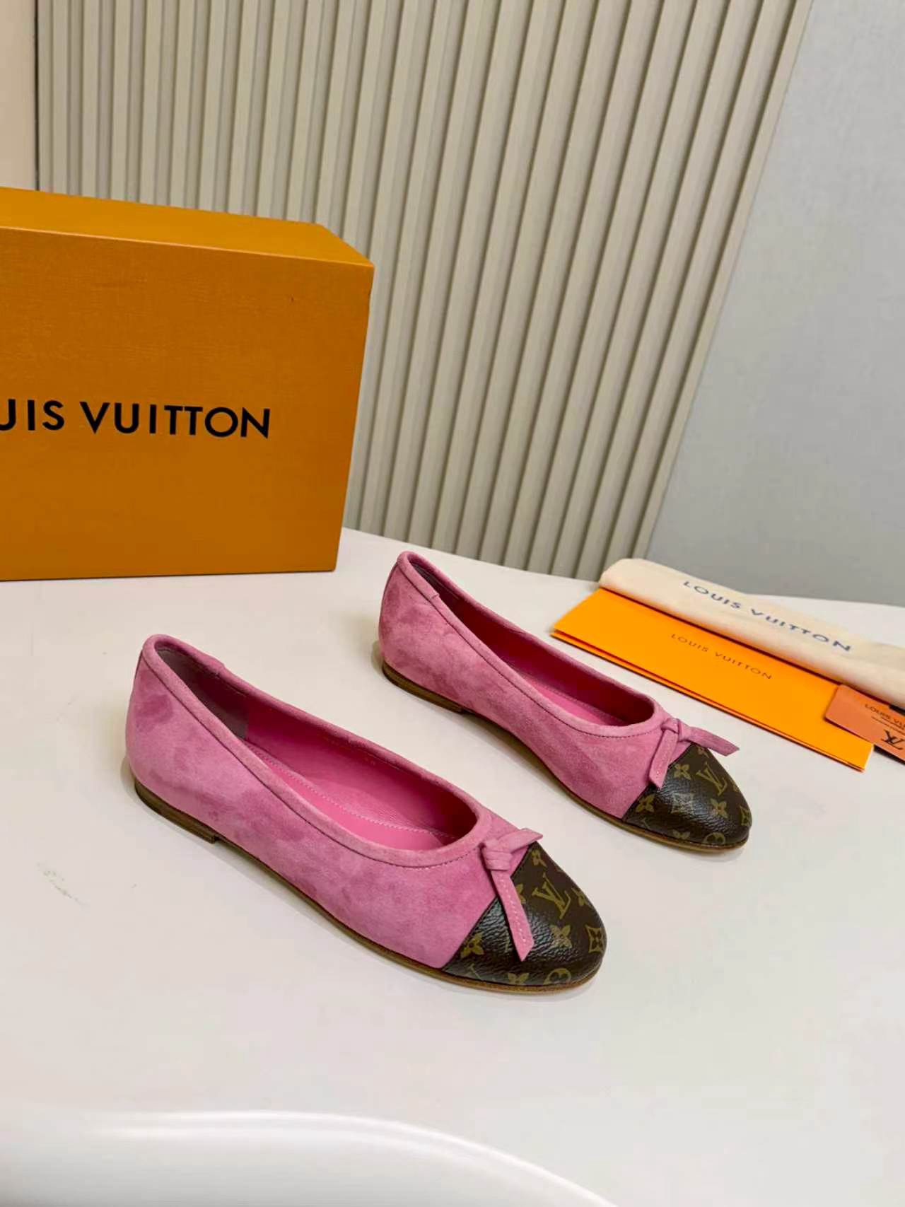 LV Suede Monogram Toe Cap Bow Ballet Flats