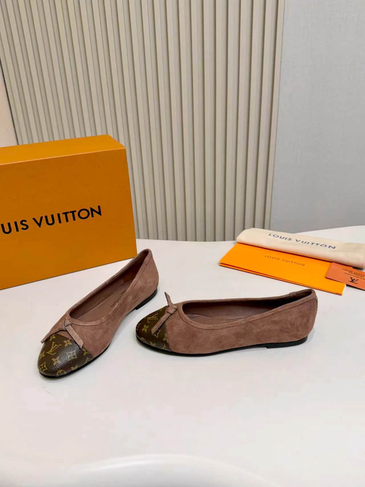 LV Suede Monogram Toe Cap Bow Ballet Flats
