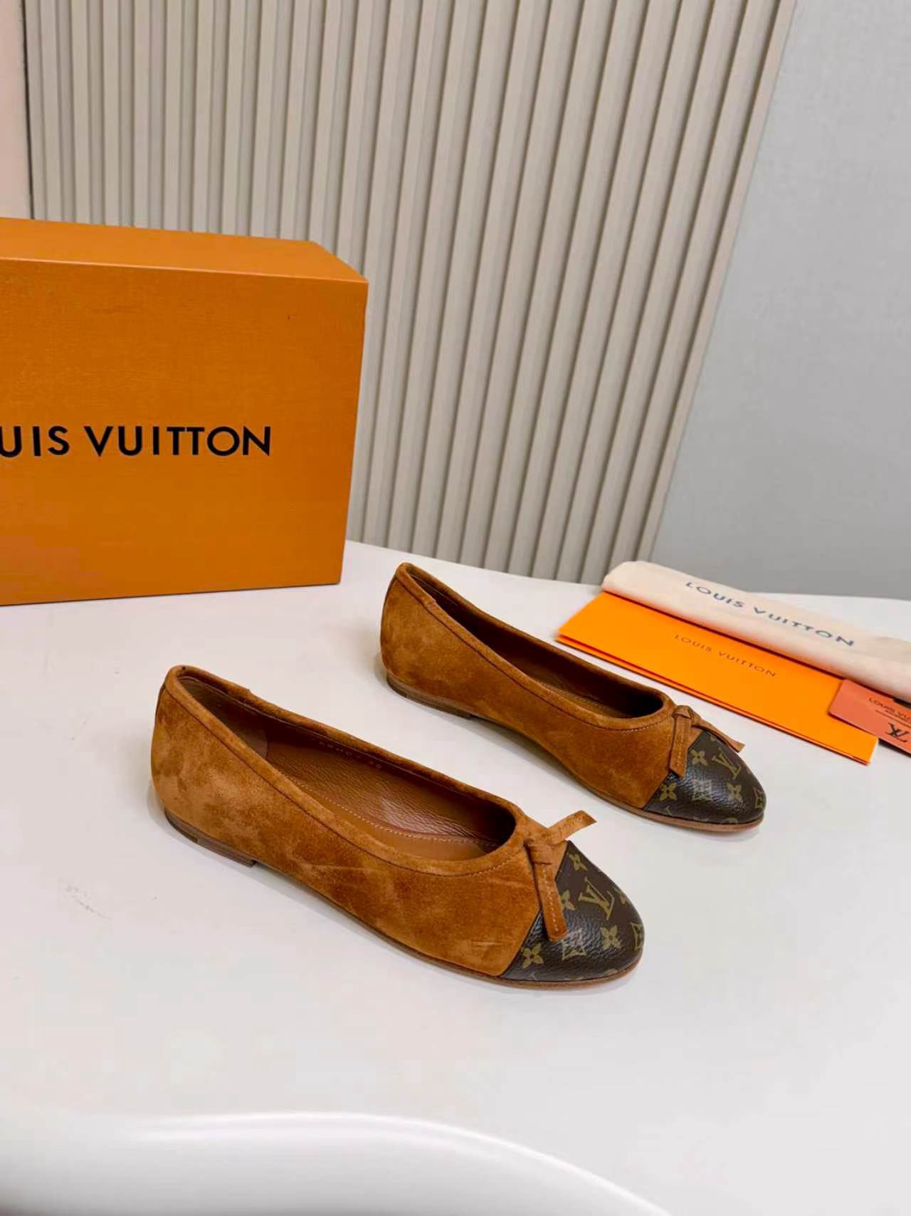LV Suede Monogram Toe Cap Bow Ballet Flats