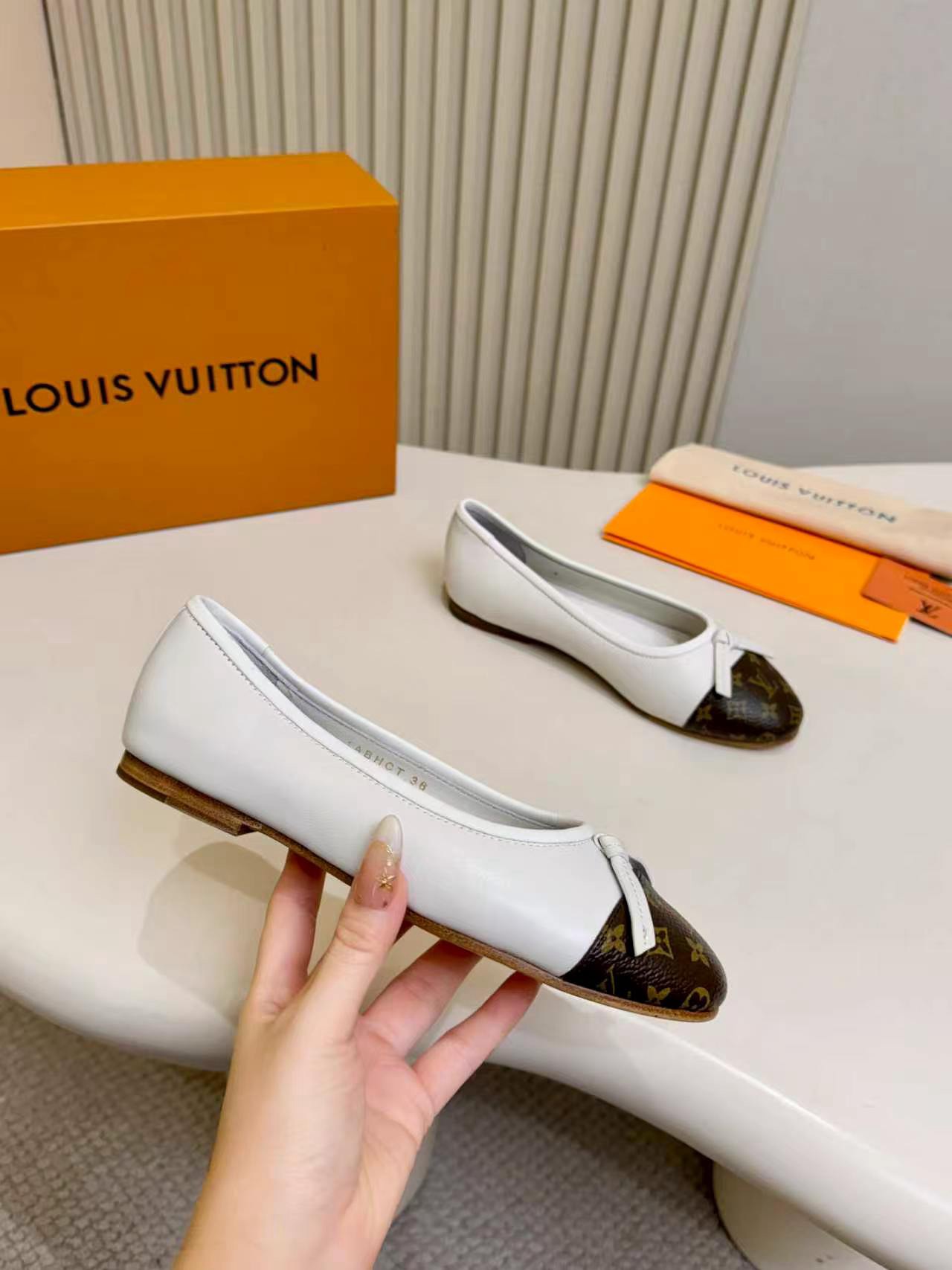 LV Suede Monogram Toe Cap Bow Ballet Flats