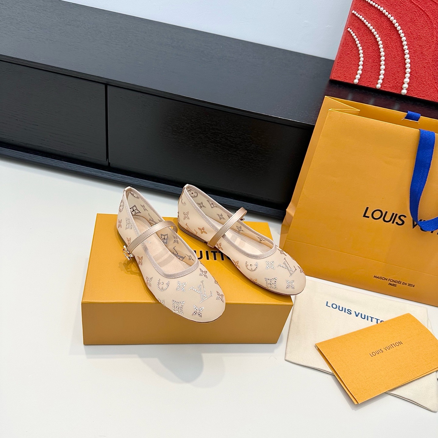 LV Beige Rhinestone Monogram Mary Jane Flats