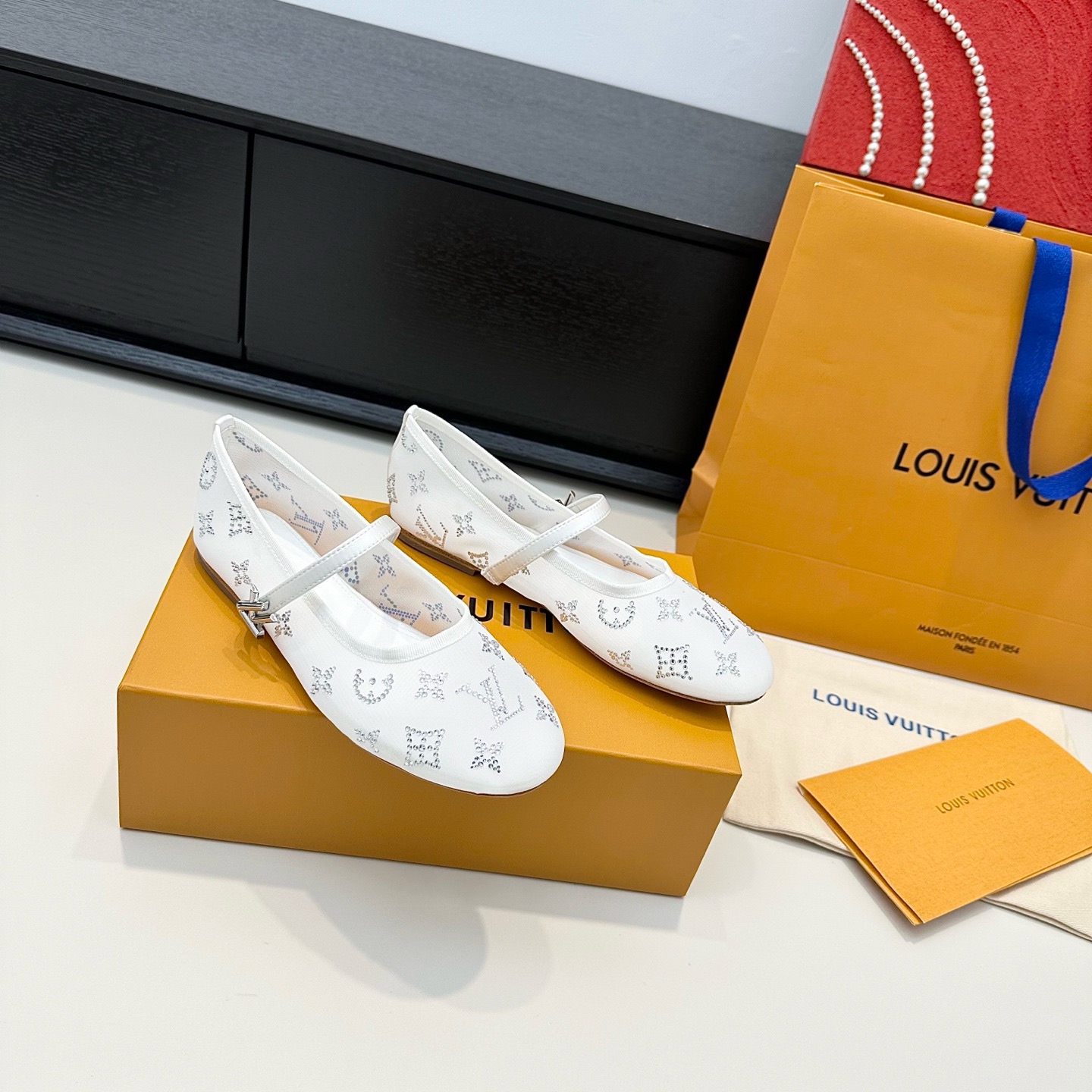 LV Beige Rhinestone Monogram Mary Jane Flats