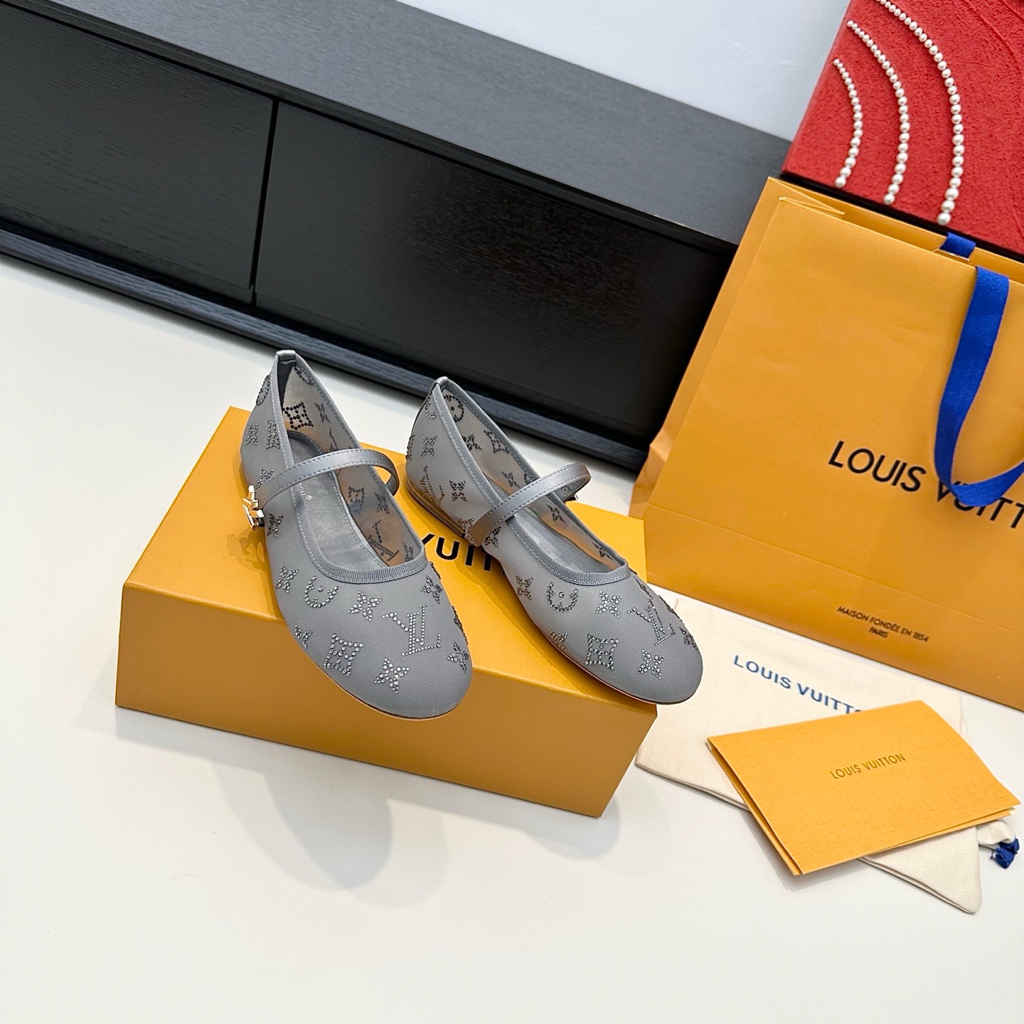 LV Beige Rhinestone Monogram Mary Jane Flats