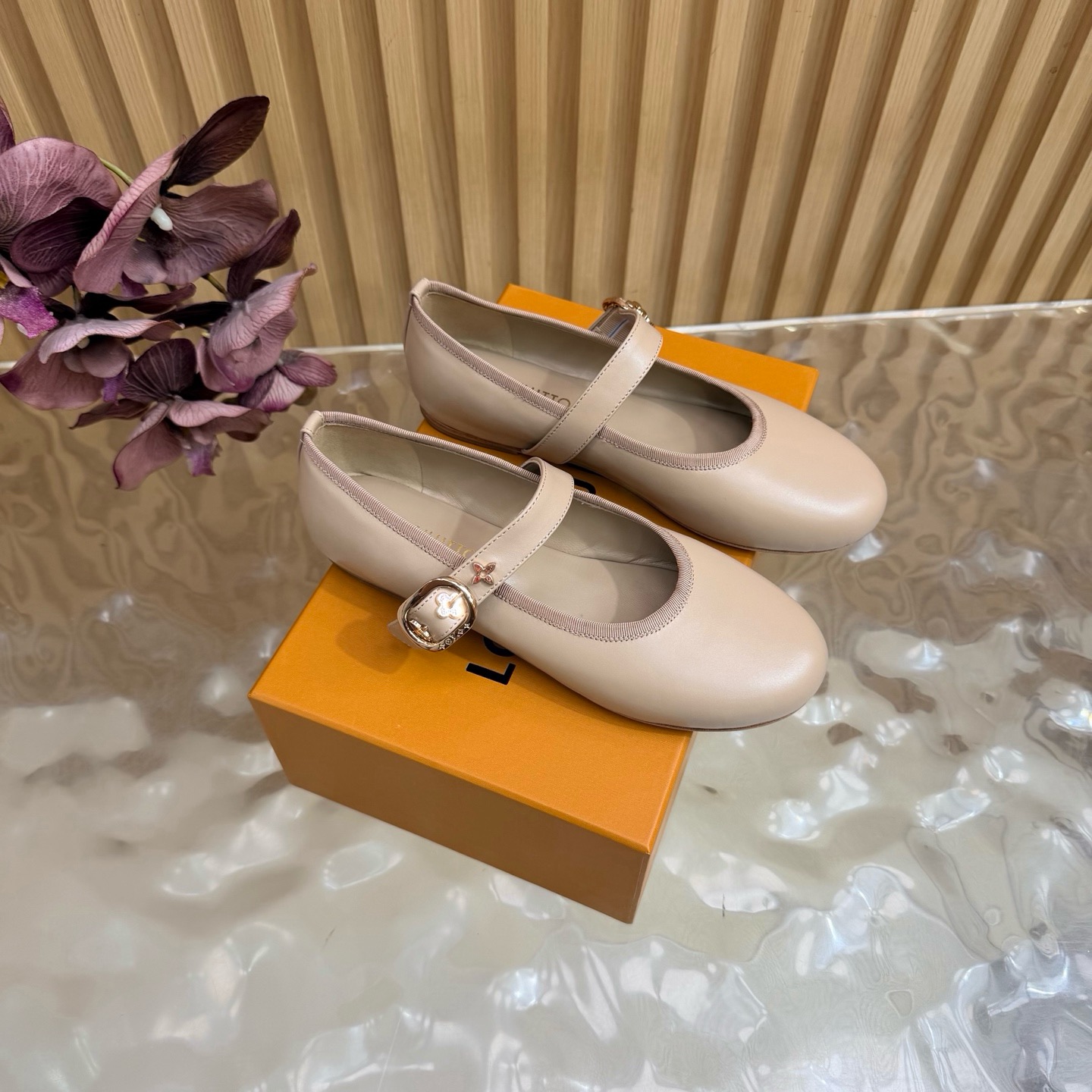 LV Nude Leather Buckle Mary Jane Flats