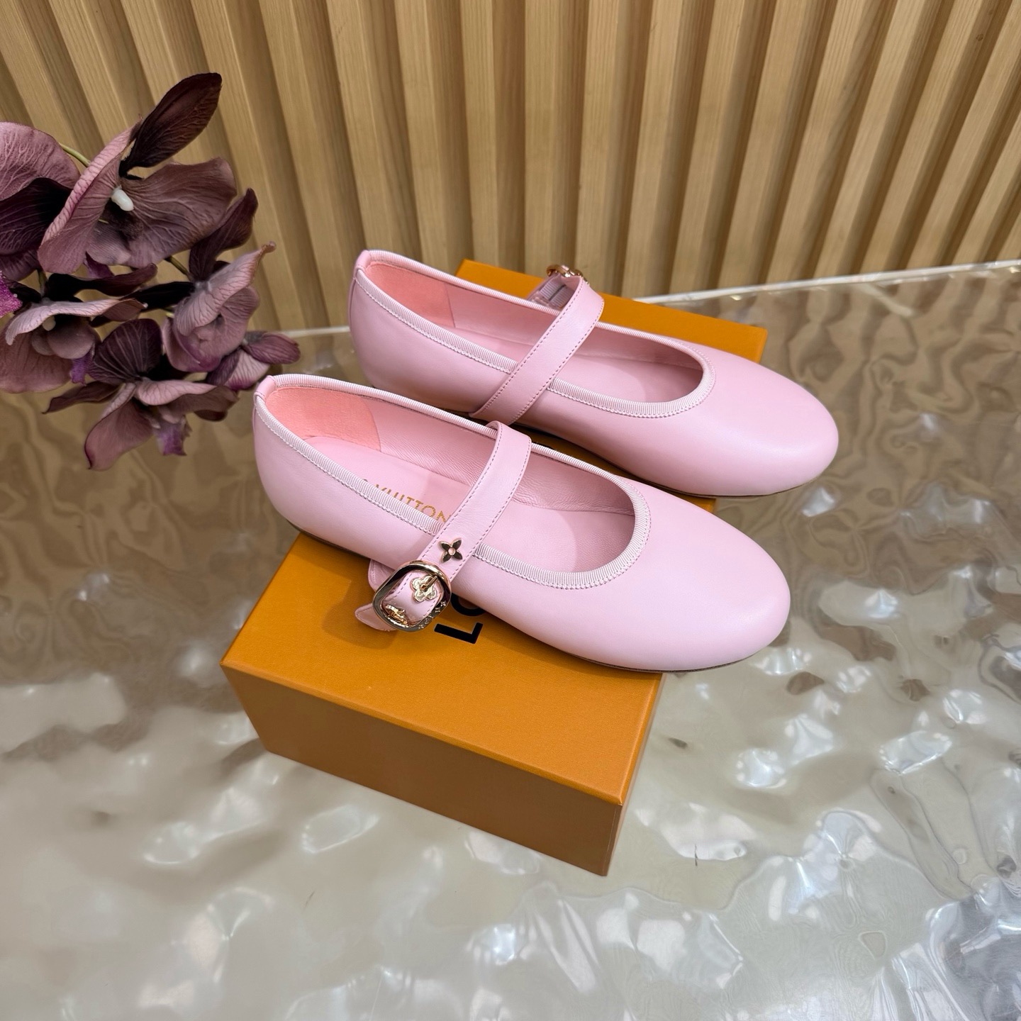 LV Nude Leather Buckle Mary Jane Flats