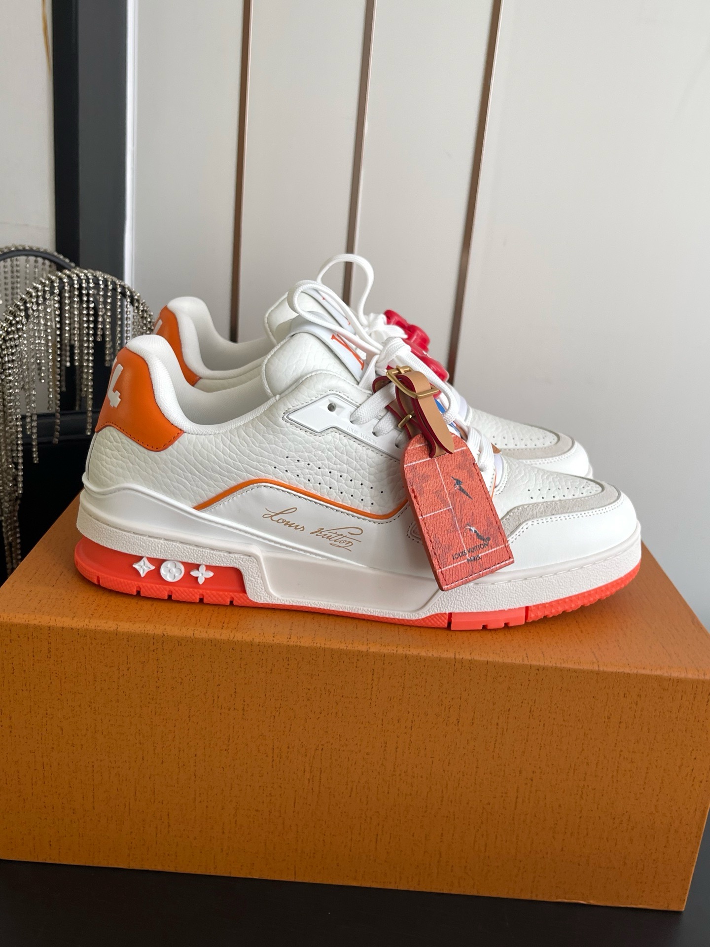 LV Trainer White Green Leather Low Top Sneakers