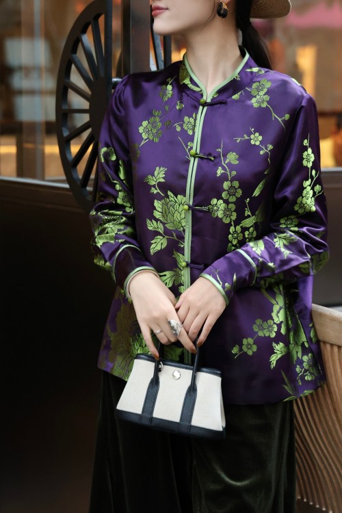 Retro Chinese Style Silk Blend Floral Print Jacket with Mandarin Collar 1 Retro Chinese Style Silk Blend Floral Print Jacket with Mandarin Collar