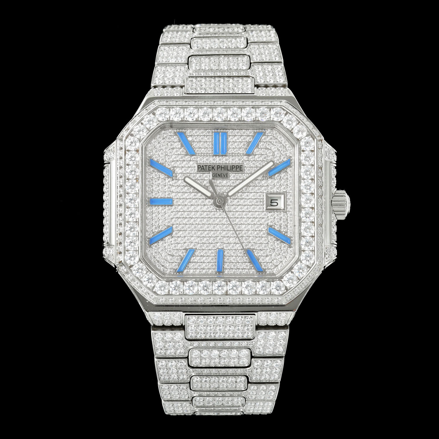 NO:151103,New, Patek Philippe CUBITUS Series 5821/1A-001 Full Diamond Patek, unique diamond setting technology Explore the perfect combination of luxury and exquisite craftsmanship The perfect combination of steel and diamonds combines gorgeousness and sportiness. The exquisite diamonds are set on the case, reflecting a beautiful light. The mirror is made of scratch-resistant and bump-resistant sapphire crystal glass. The 3-point area has a calendar window, and it will not look complicated and redundant. Whether it is appearance or performance, it is meticulous, perfectly controlling the thickness of the watch head. New upgrades, the brand is world-famous for the perfect combination of extraordinary jewelry and stars. This luxurious Patek Philippe watch is unique and charming, and is a sublimation of perfect craftsmanship. Patek Philippe19860909新款, 百达翡丽 CUBITUS系列 5821/1A-001 满钻百达,独特的镶钻技术 探索奢华与精湛工艺的完美结合 精钢材质和钻石的完美搭配,把华丽感与运动感结合在一起十分巧妙.一颗颗精美的钻石被镶嵌在表壳上,交相辉映出一种美丽的光芒. 镜面采用抗刮花,耐磕碰的蓝宝石水晶玻璃.3点位设有日历窗口,搭配经典的大三针设计,不会显得复杂多余. 无论外观或是性能都是一丝不苟,完美的控制了表头的厚度.全新升级,品牌举世闻名超凡珠宝满天星完美结合,这款豪华百达翡丽腕表独特及富有魅力设计,是展现完美工艺的升华之作,,,patek philippe,Watch