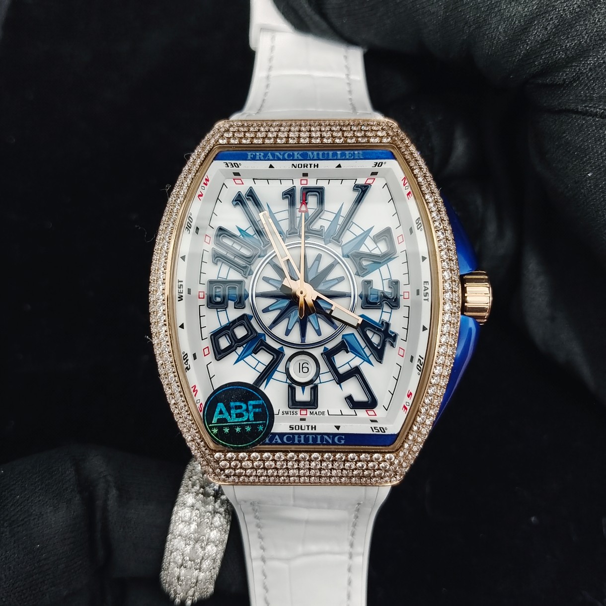 Franck Muller Vanguard Yachting V45 Diamond Bezel White Leather Watch