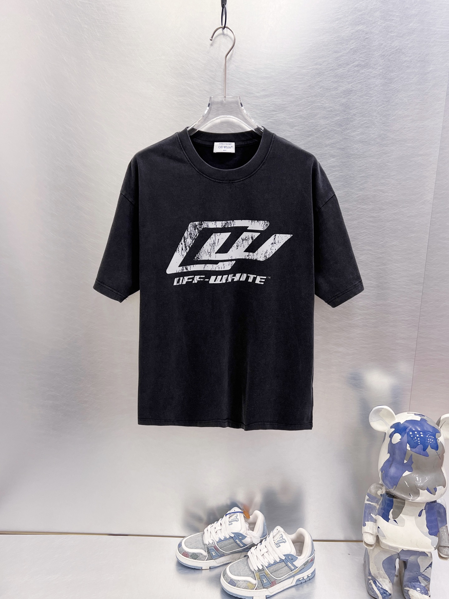 P75, OFF-WHITE🔥OW camiseta de manga corta con estampado de moto lavado y desgastado, disponible. Negro vinta…