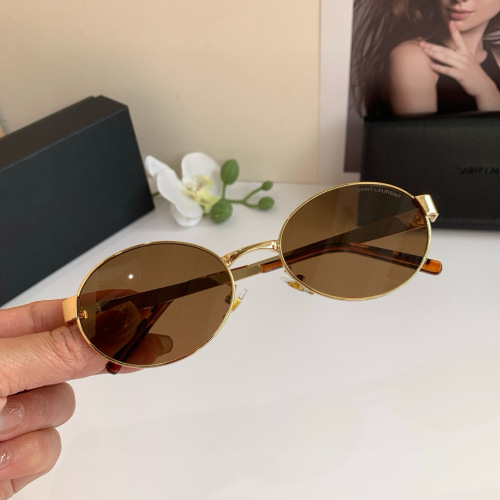 Yves Saint Laurent Gold Frame Brown Lens Oval Sunglasses Metal Logo YSL 1 Yves Saint Laurent Gold Frame Brown Lens Oval Sunglasses Metal Logo YSL
