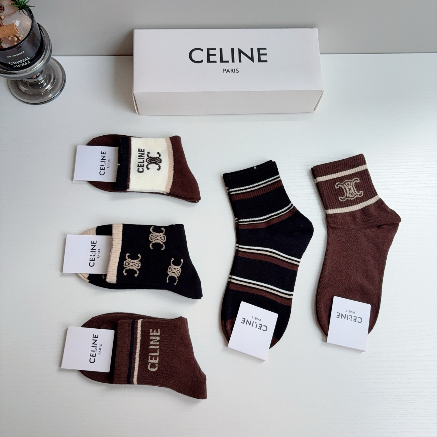 配包装（一盒5双） CELINE  赛琳 新款船袜！纯棉面料，专柜同步中筒袜子，💛大牌出街，潮人必备🔥超好搭