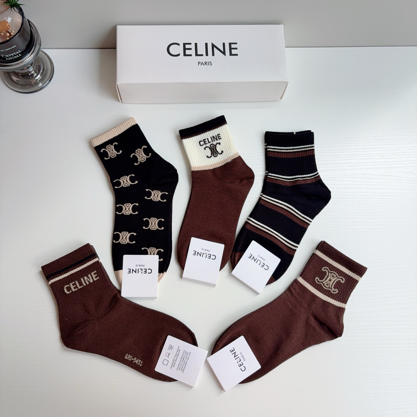配包装（一盒5双） CELINE  赛琳 新款船袜！纯棉面料，专柜同步中筒袜子，💛大牌出街，潮人必备🔥超好搭