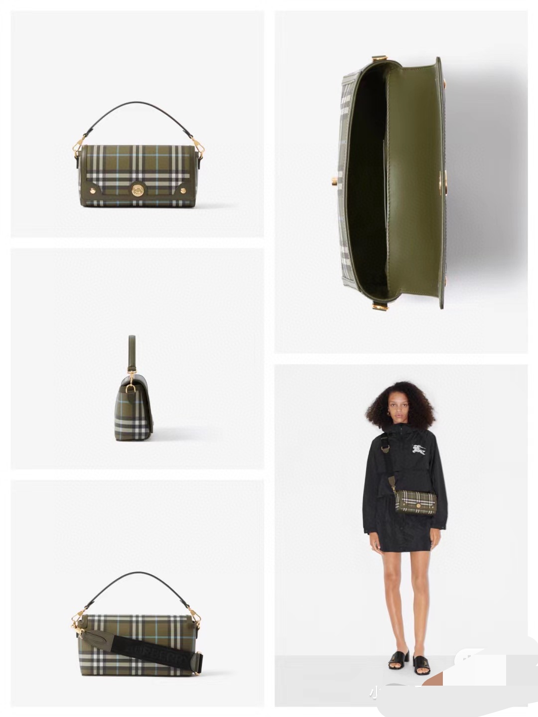 Burberry. Compact bag in Burberry check and topstitched cowhide leather with glossy snaps engraved with the brand's logo. Carry it by hand using
