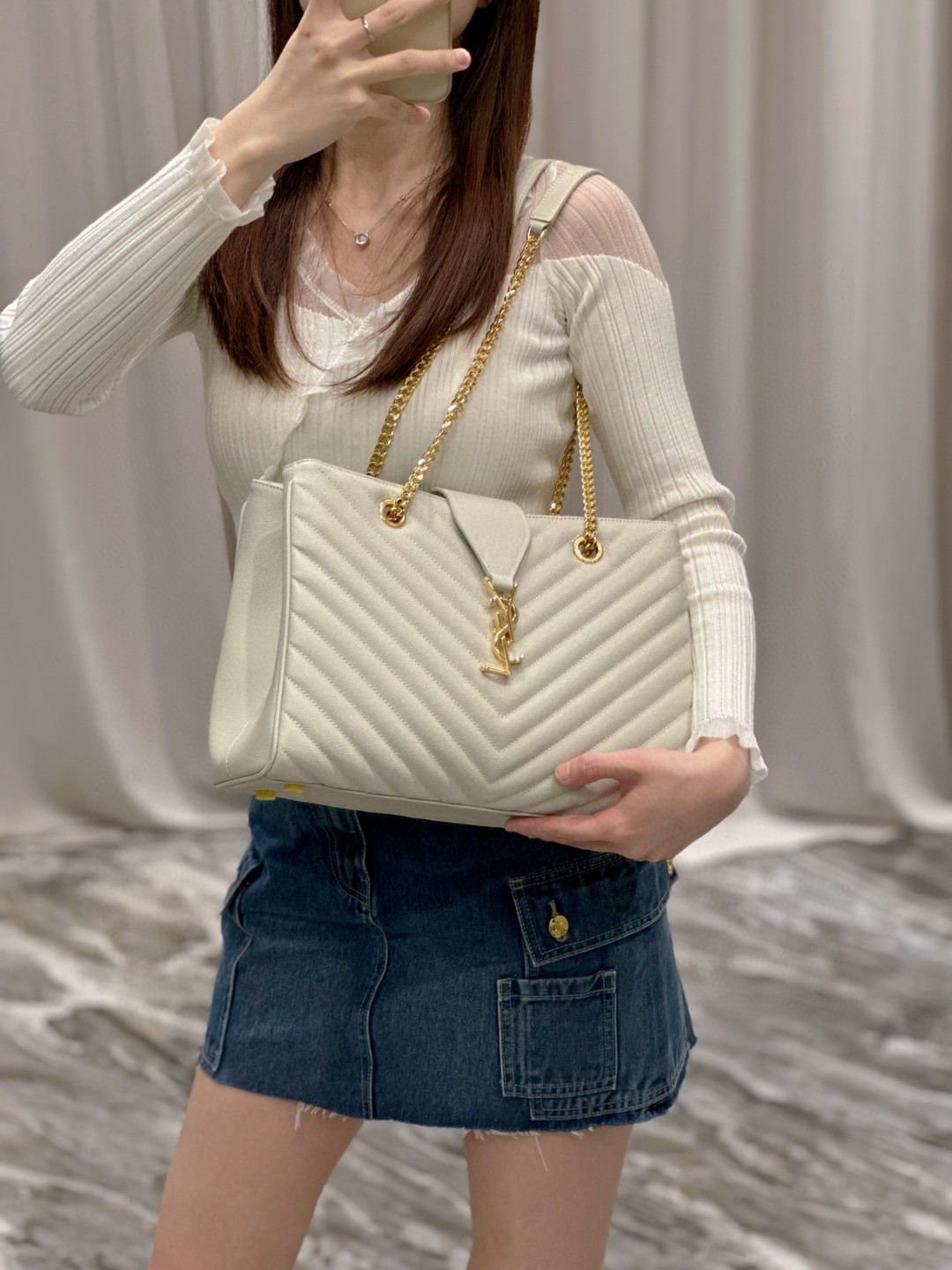 Saint Laurent YSL white caviar embroidered V thread
