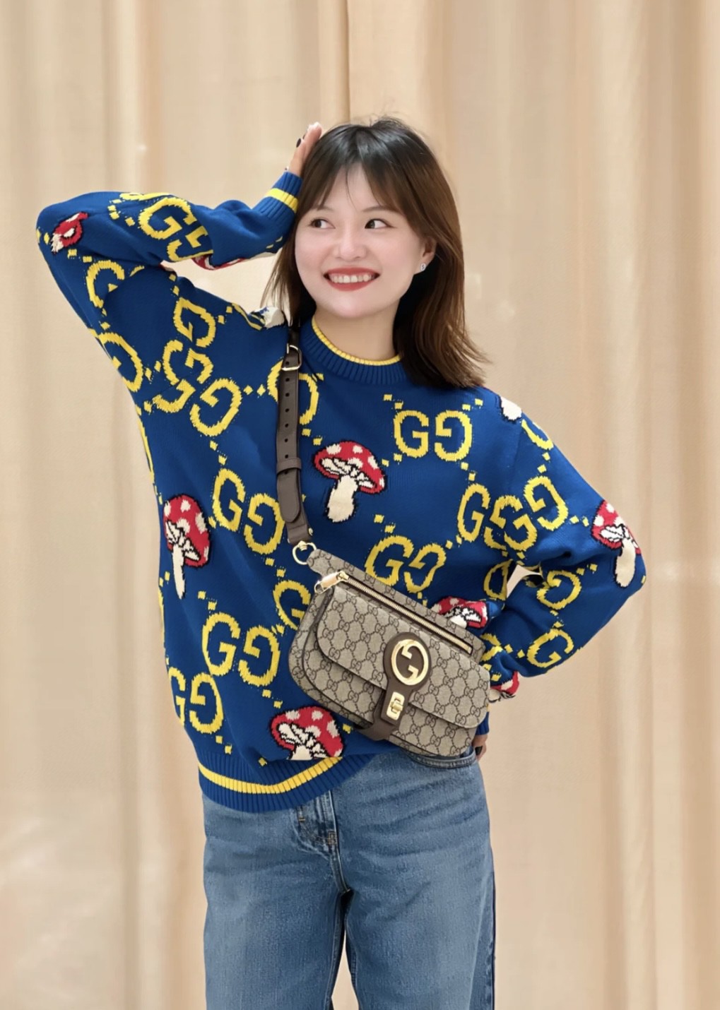 gucci 24New GG Blondie series round interlocking double G waist bag, brown presbyopia with gold tone accessories, twist buckle, sheepskin lining,