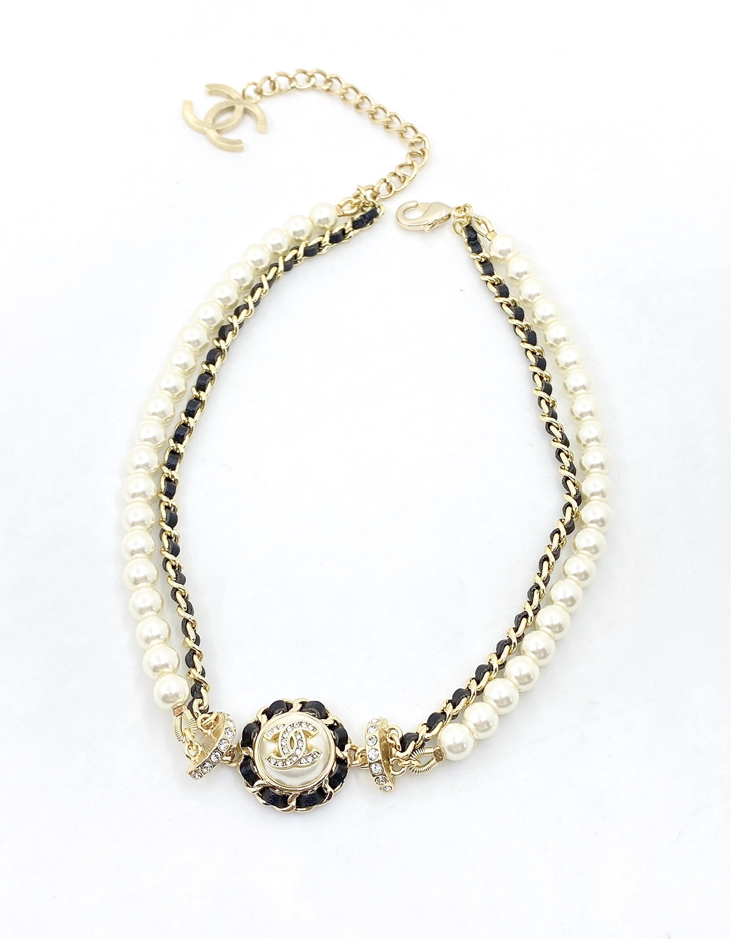 chanel最新款黑皮圆形珍珠项链choker一致官网黄铜材质