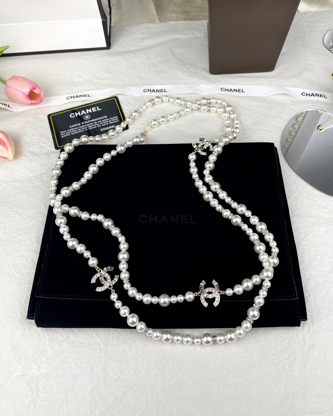 CHANE 小香新款重工款 双C半边钻褶皱纹大小珍珠长款毛衣链 5