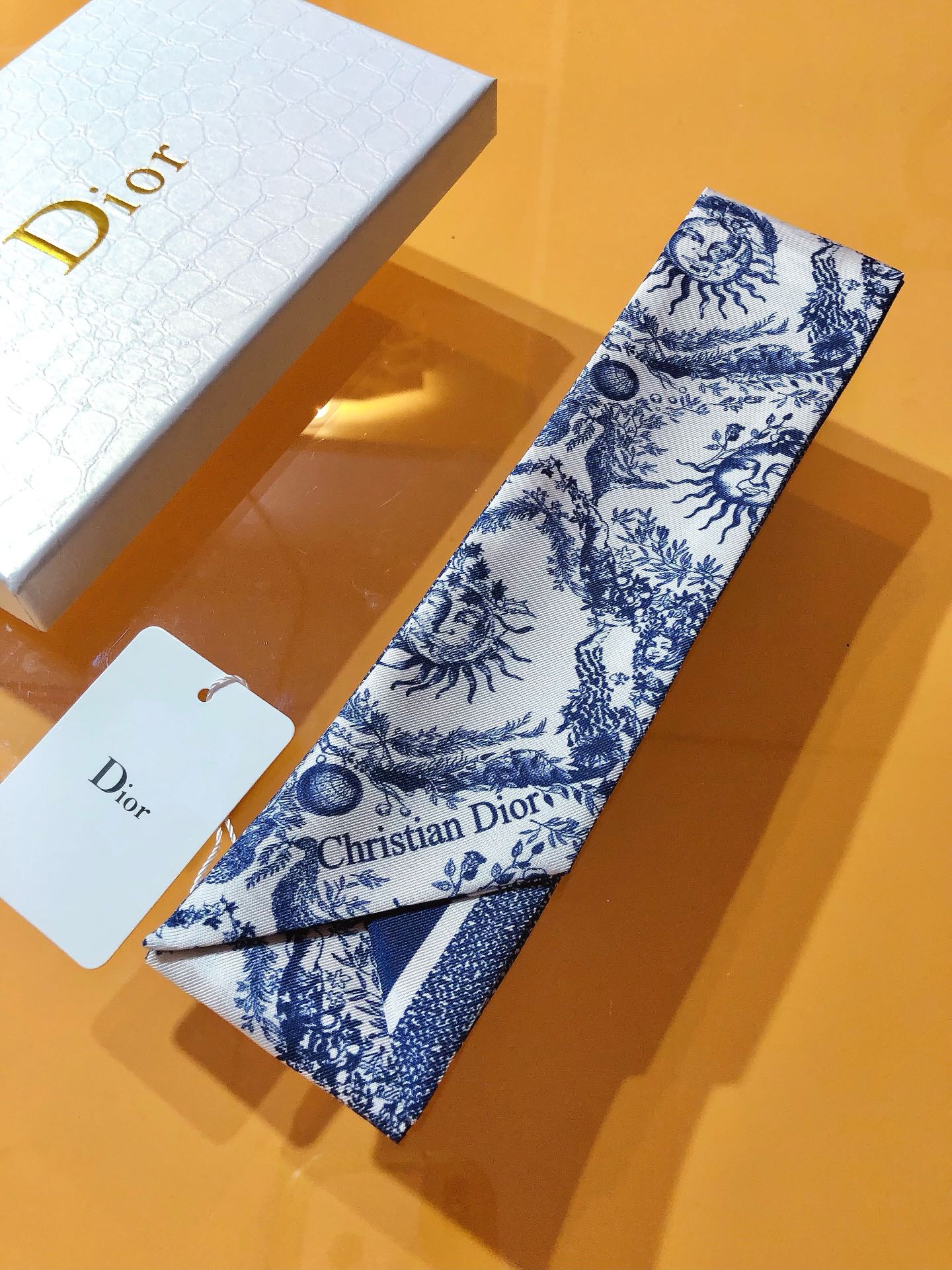 Dior Soleil de Jouy Silk Ribbon Scarf, Blue and White, 6 x 105 cm