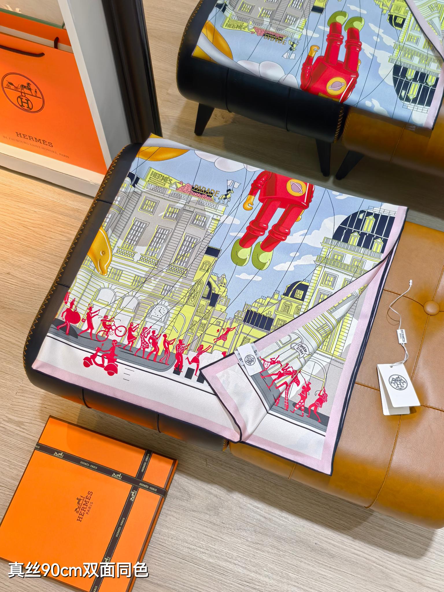 🌼SHMS2542
18姆米双面  90x90cm斜纹真丝
爱马仕《爱马仕巡游》