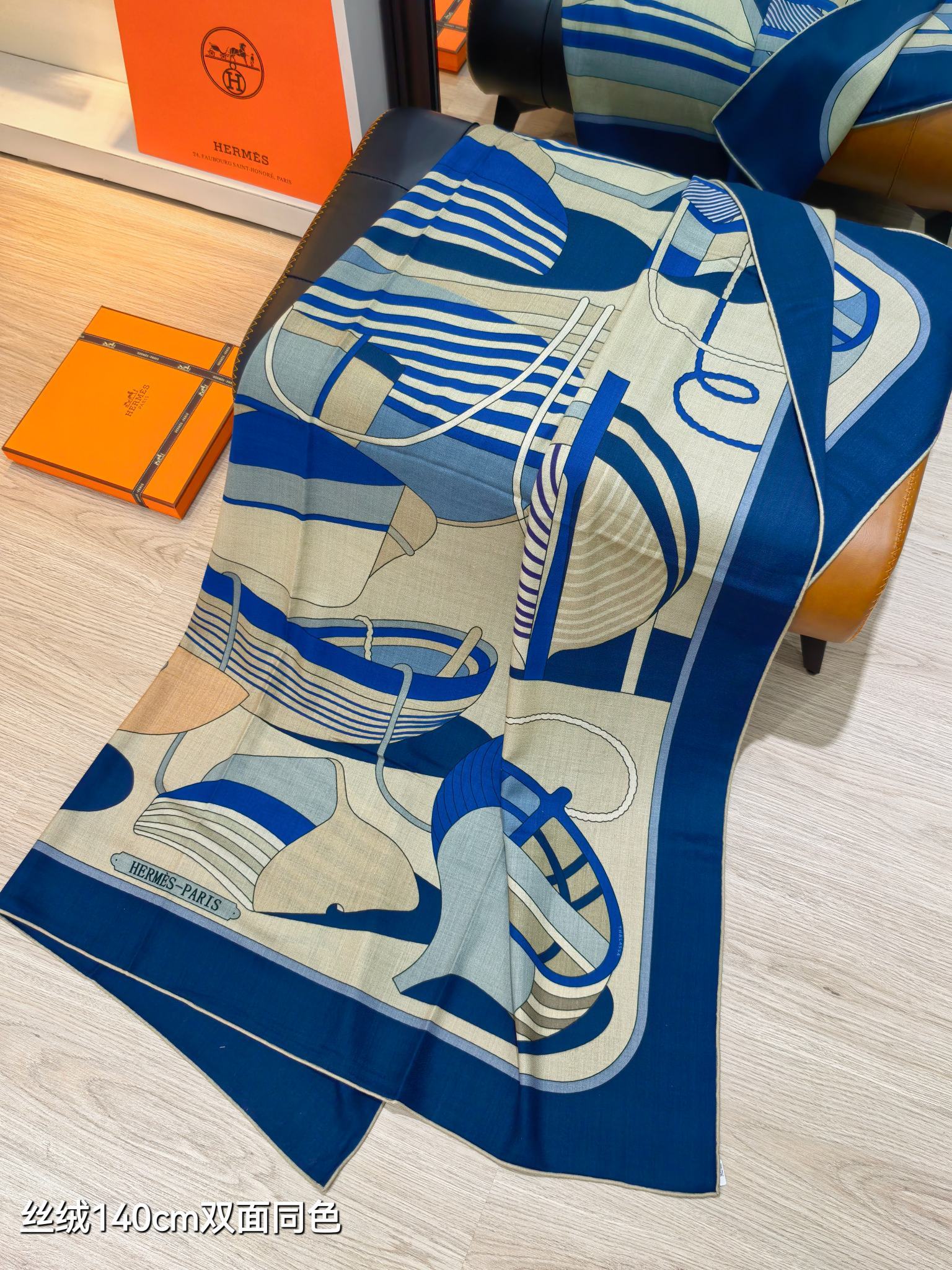 ❄RHMS2548双面同色 140x140cm 70%羊绒30%真丝爱马仕《Thalassa传统渔业》