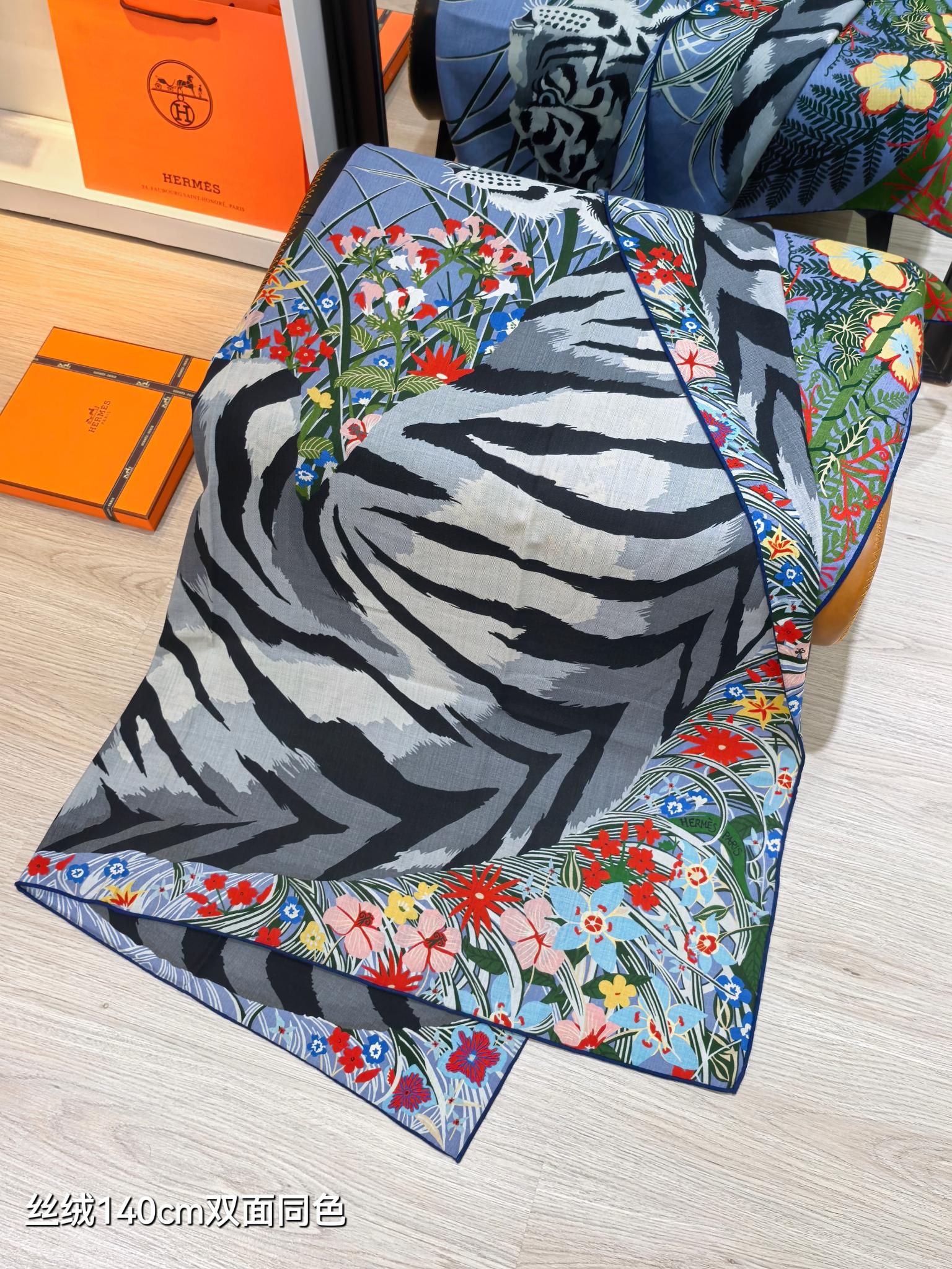 ❄RHMS2580双面同色 140x140cm 70%羊绒30%真丝爱马仕《虎虎生威》