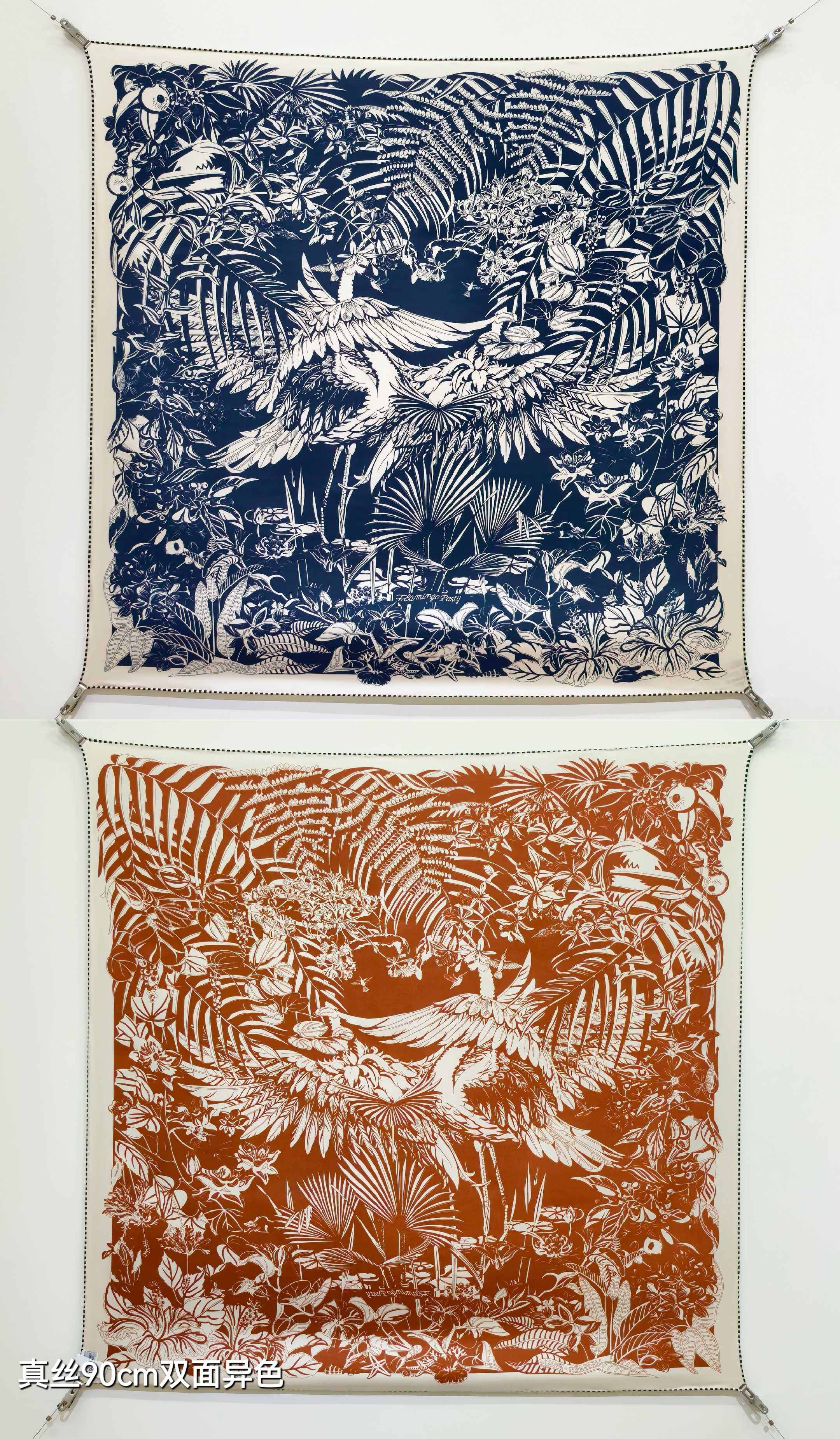 🌼SHMS259718姆米双面异色 90x90cm斜纹真丝爱马仕《红鹤派对图腾版》